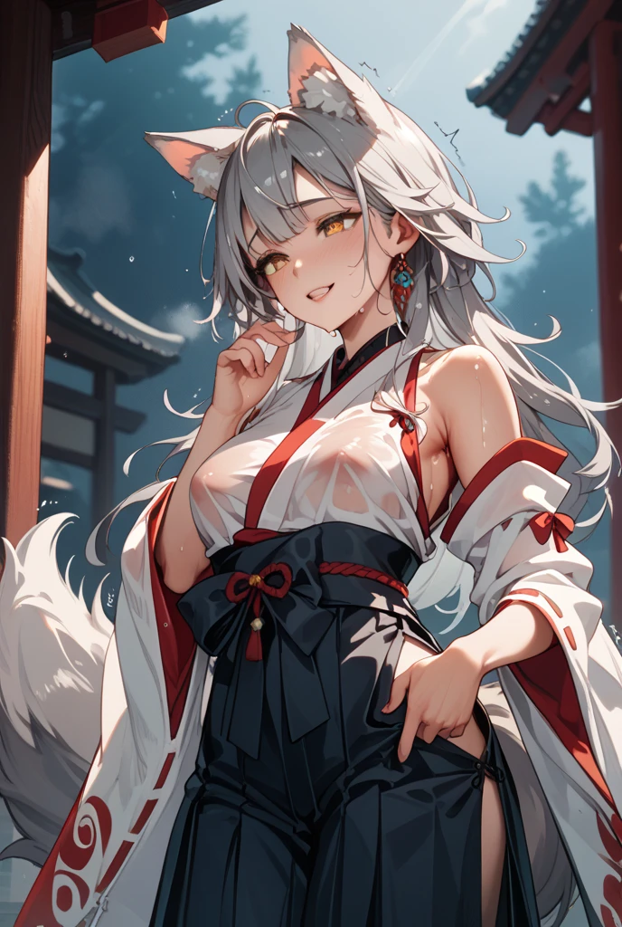 lily、gray hair、Fox、warrior、shrine、long hair、small breasts、highest quality、He has a sword at his waist.、woman