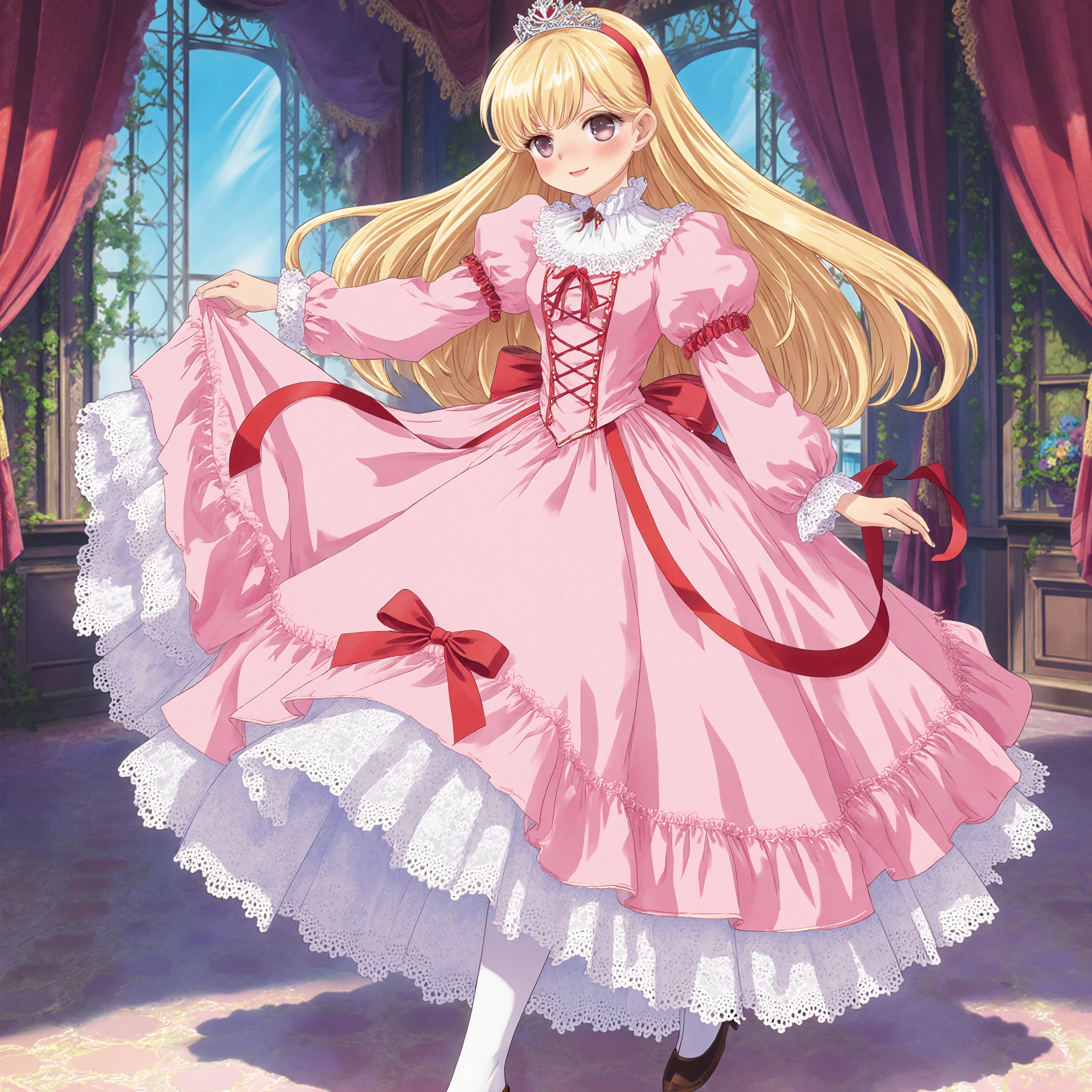 highest quality, masterpiece, highest resolution, artwork, super detailed, retro anime style,the girl is a princess,short body height:1.0,blond long hair,She is skirt lift with her hand,((pink Ball gown dress:1.0)),,round hoop skirt,Lots of lace and frills with the dress, tiara,long sleeve,puff sleeves ,long dress,dress has Lots of red ribbons White long socks,frills socks, A lace petticoat with many layers in the dress, I can see the lace petticoat and Drawers under the dress