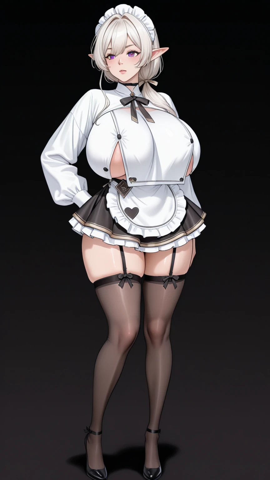 arms behind head, long_hair, looking_at_viewer, thighhighs, bow, bound, bdsm, bondage, rope, restrained, gag, shibari, bound_arms, ball_gag, shibari_over_clothes, masterpice full body standing straight symmetrical, lustful smirking smile face red blush red cheeks, looking at viewer, holding a tray, braid, maid headdress, maid, dress, apron, long sleeves, brown pantyhose, long leather militar boots, thighs, long white hair