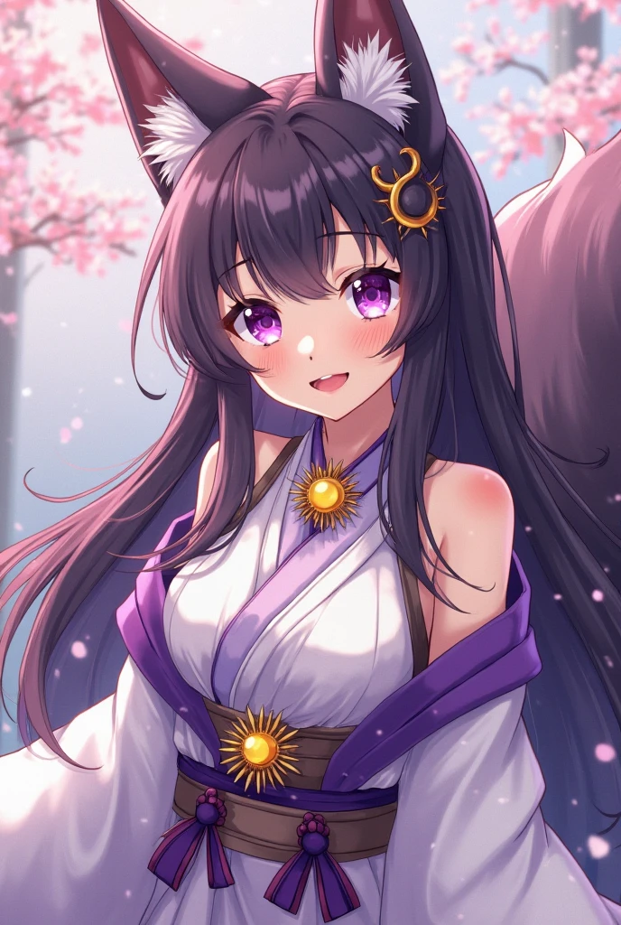 1girl, flower, long hair, kimono, outdoors, purple eyes, black hair, long hair, smile, animal ears, upper body, tree, medium breasts,