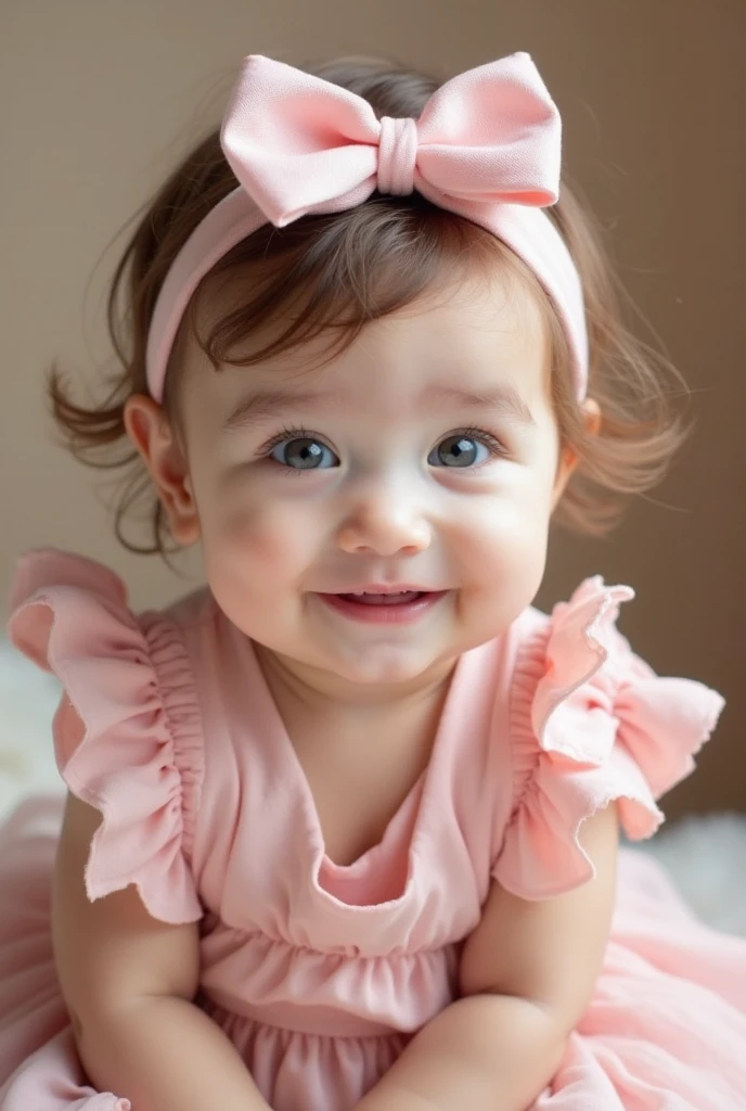 The drawing shows a baby lying face down on a soft surface, looking directly at the camera. The baby has a curious expression and is wearing a hairband decorated with pink flowers, in addition to a bright pink dress or outfit. The baby's hands are resting on the surface, and he appears to be in a bright environment, com um fundo neutro.