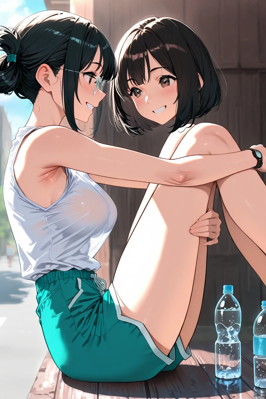 Masterpiece, beautiful slender girl, 2girls, bottomless, pussy, no panties, sweat, sweatdrop, midriff, pussy juice, bare legs, slim, wet legs, pee on legs, pee, peeing, pee puddle, pee on feet, thigh strap, licking thigh, licking, tongue, sitting, standing
