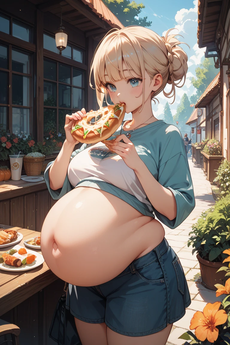 Masterpiece: superb super detailed goddess, white robe, long hair, blonde staff, sunshine, blue sky, big breasts, plump women, mature women, big belly, abnormally large belly, eating food, feast, table, chairs, chubby females background, multiple females
