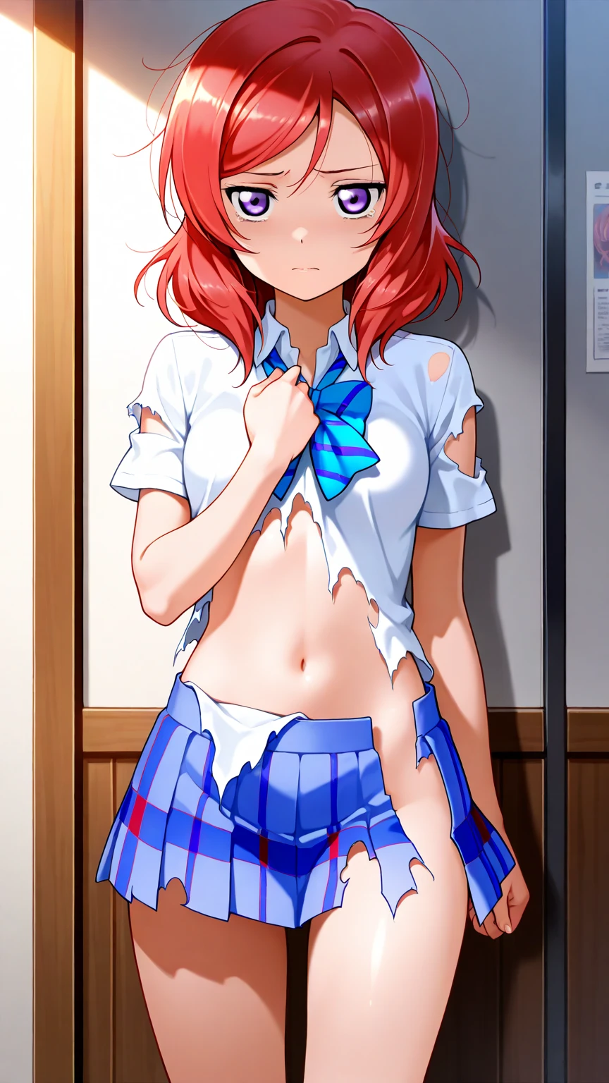 Love Live Superstar、Members of School Idol Liera、Mei Yonejo、Red hair and side tail、  Uniform with navel out、Face forward and show your navel to this side、standing straight ahead.Front Angle、blazers、lowrise.Midriff、Expand the navel with your fingers、Twist your shirt