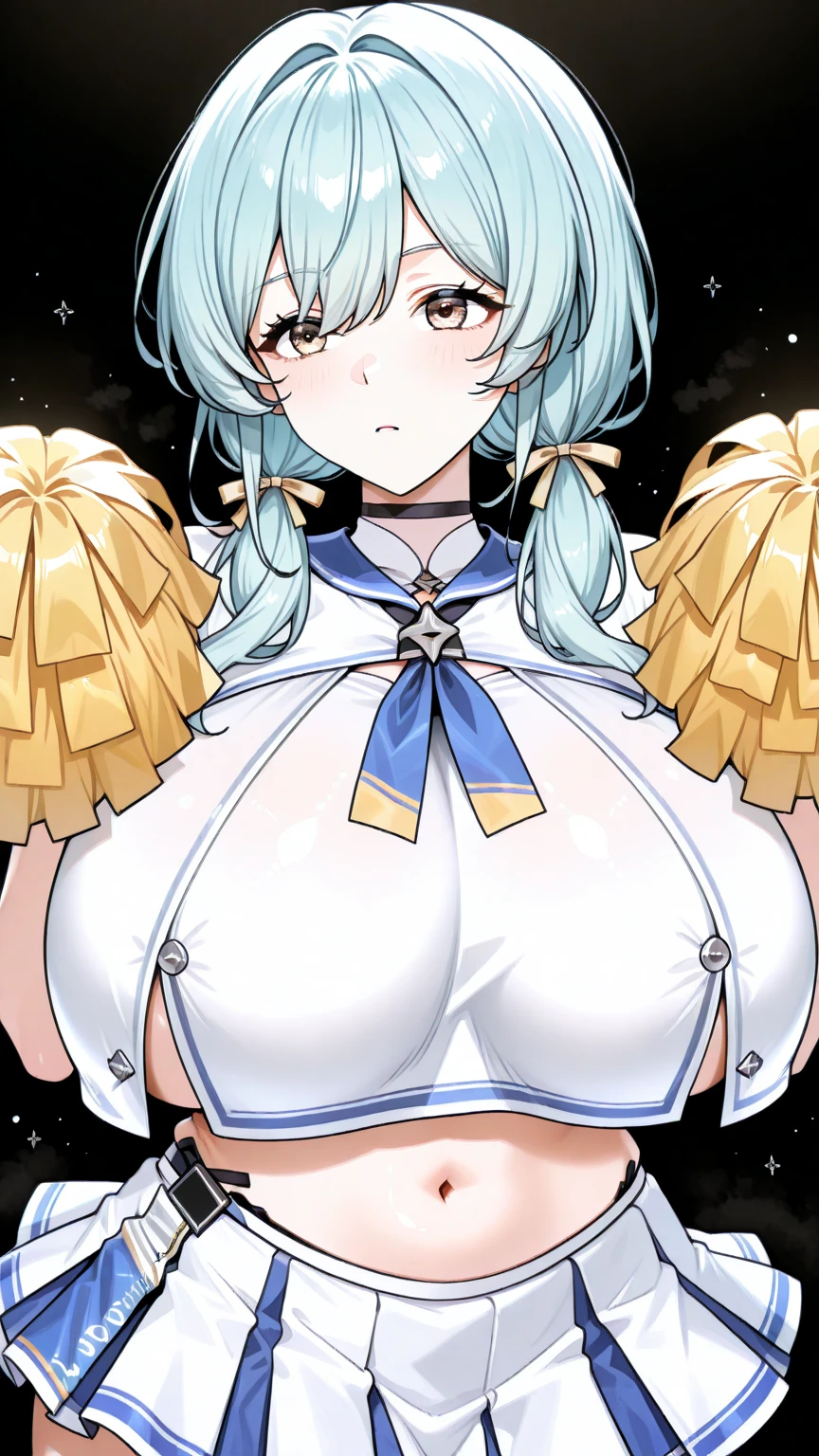 (Perfect body),Best Quality,16 K、((NSFW))、blush、(((:D)))、Surprised、One eye is closed、embarrassed from,((Short hair))、((Forehead))、(((Brown eyes))),((Brown hair)),(Sweat)、White Dress、Gold hair ornament、Gold bangles、Gold decoration、(((White panty)))、(White knee socks)、((Big ass))、(((((Big breasts)))))、(((thick thighs)))、((Hands behind the head))、(Armpits)、((spreading legs))、cosmic space