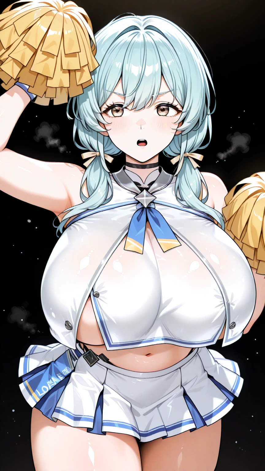 (Perfect body),Best Quality,(8K Portrait),(Official art)、((NSFW))、((Teenage female))、embarrassed from、1girl in,(:o)、One eye is closed、(blush),(Sweat),(((huge-breasted)))、((thick thighs))、((big butts))、((Silvery head hair)),(Blunt bangs)、((Short hair))、(((Sideburns braids)))、((blue eyess))、Cowboy Shot、Blue and yellow leotards、Black miniskirt、Black belt、White panty、Golden decoration、armor on the shoulders、Electronic space、Hands behind the head、Armpits、spreading legs
