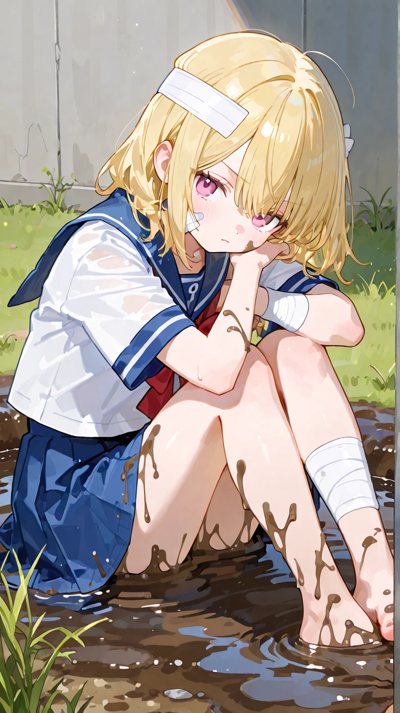 masterpiece, highest quality, High resolution,  Short skirt，barefoot，Looking up，Embarrassed face，Angle from below、Big Breasts、Sailor outfit、White underwear、The underwear is transparent、The legs are quite thin、soaked、Spread your legs、I avoid underwear、ruins、cardigan、Peace sign next to face
