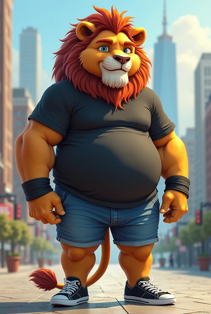 lucusold, lanxus, a man with a huge belly, furry lion, fat ripped , thicc, lowres, giant and fat, danbooru and artstation, heavy detailed, insanely inflated hips, topless, shorts, proportionally enormous arms, fluffy chest, commission for high res, detailed but rough, semirealistoc:1.3