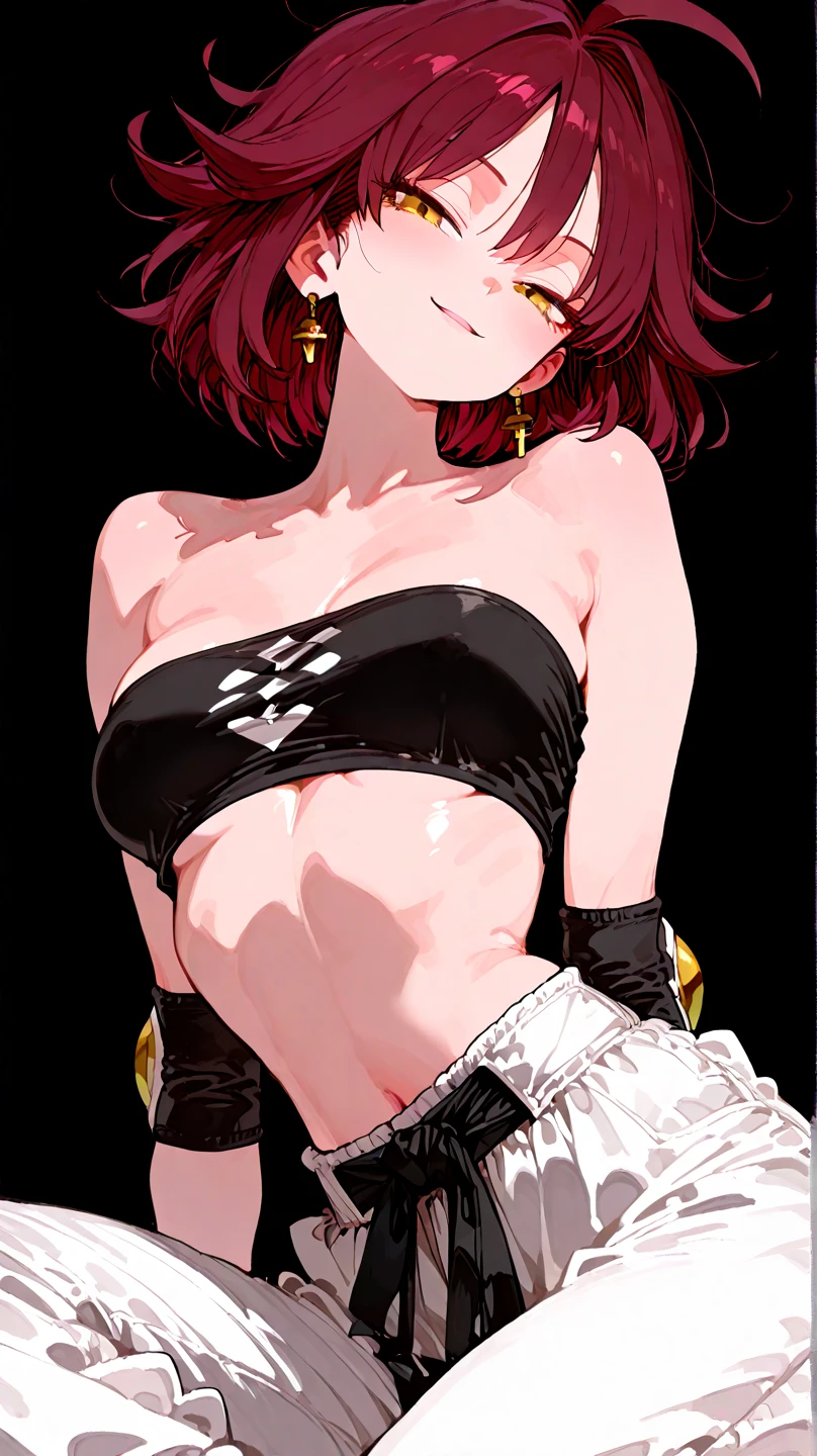 <lora:azusa_(hws)_style_v01:1>, ultra detailed, masterpiece, best quality, solo, seductive smile, red lips,
1girl, purple eyes, red hair, blunt bangs, medium breasts, <lora:hair_rings:1> low hair rings,
taut clothes, choker, bandeau, elbow gloves, taut shorts, lowleg shorts, navel, groin tendon, belt, patterned legwear, pantyhose, (pantyhose under shorts:1.2), high heel boots,
