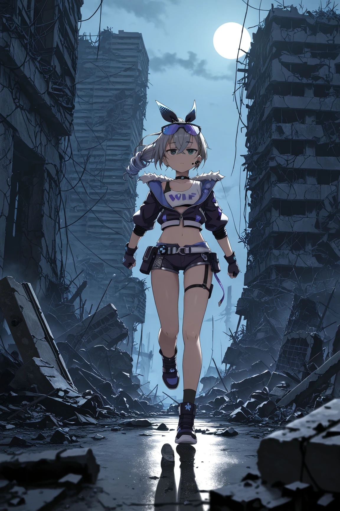 Kaine,  <lora:KaineV1-000007:1>, (2d:1.2), 1girl, flower, solo, medium_breasts, hair_ornament, braid, negligee, elbow_gloves, one boot, bandages,  hair_flower, yellow_eyes, full_body, , (sketch, rough_sketch:1.3),  fantasy, destroyed overgrown city background