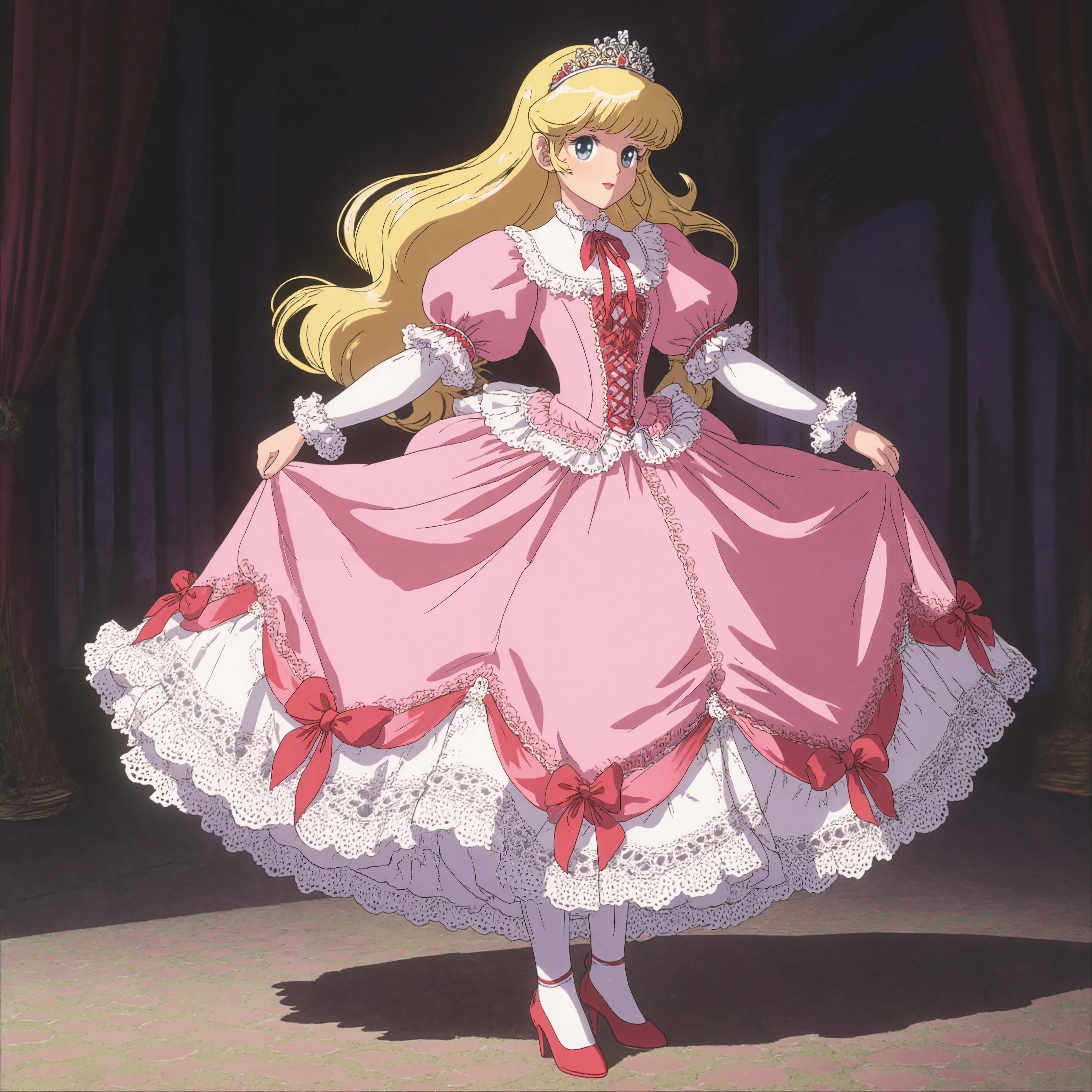 highest quality, masterpiece, highest resolution, artwork, super detailed, retro anime style,the girl is a princess,short body height:1.0,blond long hair,She is skirt lift with her hand,((pink Ball gown dress:1.0)),,round hoop skirt,Lots of lace and frills with the dress, tiara,long sleeve,puff sleeves ,long dress,dress has Lots of red ribbons White long socks,frills socks, A lace petticoat with many layers in the dress, I can see the lace petticoat and Drawers under the dress