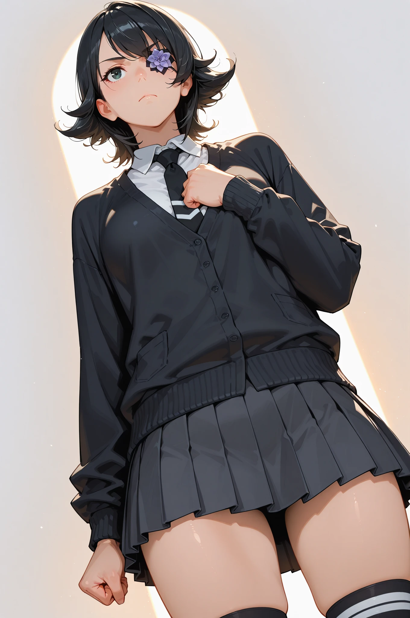 (short cute girl,small young student,young delicate girl),(masterpiece,Top quality),squat,long black hair,plaid pastel colored skirt
