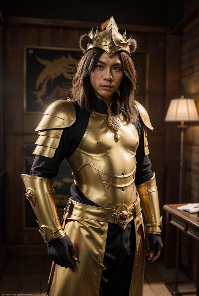 (photorealistic, masterpiece, detailed face, best quality, highres, 4k), Fantasy art style, A striking depiction of Aries the fiery ram featuring a ruggedly handsome male model with piercing eyes and a fierce aura. He stands atop a mountain peak, adorned in skimpy and sexy armor with flaming horns, symbolizing his passionate and determined nature , sexy , bare thighs , eroticism , nsfw , wide hips , wide pelvis