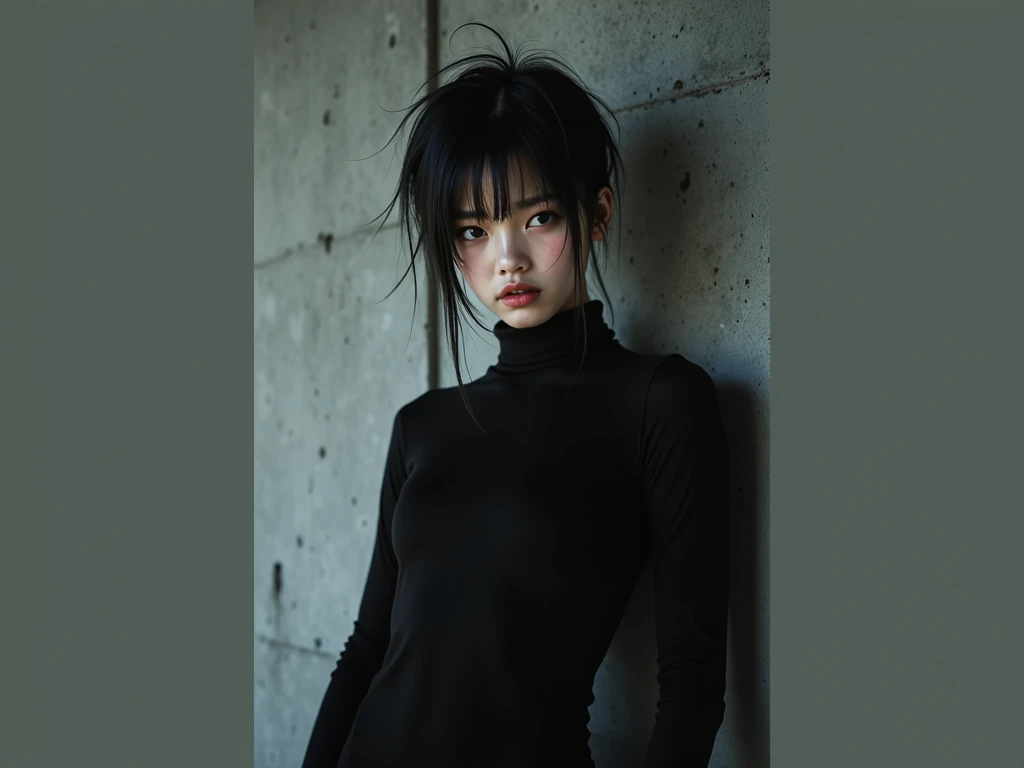 19歳、woman,(hi-top fade:1.3),long hair,dark theme, soothing tones, muted colors, high contrast, (natural skin texture, hyperrealism, soft light, sharp),