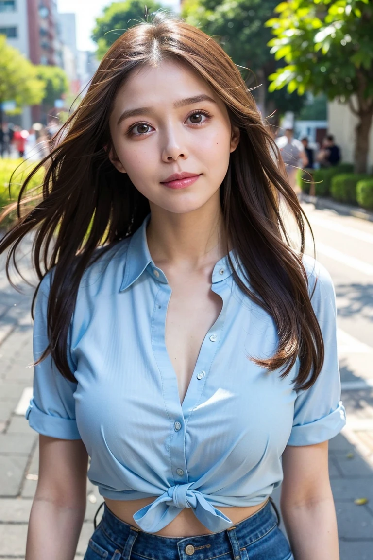 ((Best Quality, 8K, Masterpiece: 1.3)), Sharp: 1.2, Perfect Body Beauty: 1.4, Slim Abs: 1.2, ((Layered Hairstyle, Big Breasts: 1.2)), (Wet White Button Long Shirt: 1.1), (Rain, Street: 1.2), Wet: 1.5, Highly detailed face and skin texture, detailed eyes, double eyelids, side face looking at the camera