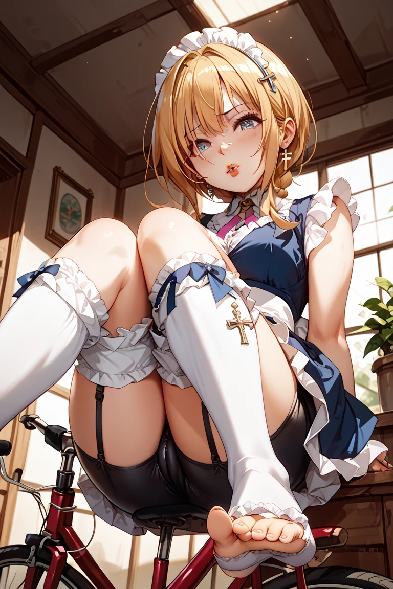 (Photorealistic:1.8, Highest quality:1.8,8K masterpiece:1.8、Super detailed、Ultra-high resolution、Detailed Background)、((Flat Color))、((colorful))、Multicolored lighting、((浮かぶcolorfulな水))、Blue background、
A woman in a maid outfit is tied up、Squat with your legs apart、Random Pause、(Golden chains on body、Golden chain collar、handcuffs)、Random Sexy Poses、Turn around、Angle from behind、
(Medium Hair、Vermilion, silver and gold hair、hair ornaments、Brown Skin)、(Maid uniform、choker、Knee-high stockings、garter belt、Wedgie Panties)、Beautiful hip line、TWICE's Tzuyu' on pause、Beautiful blue eyes、(A rich expression、smile)