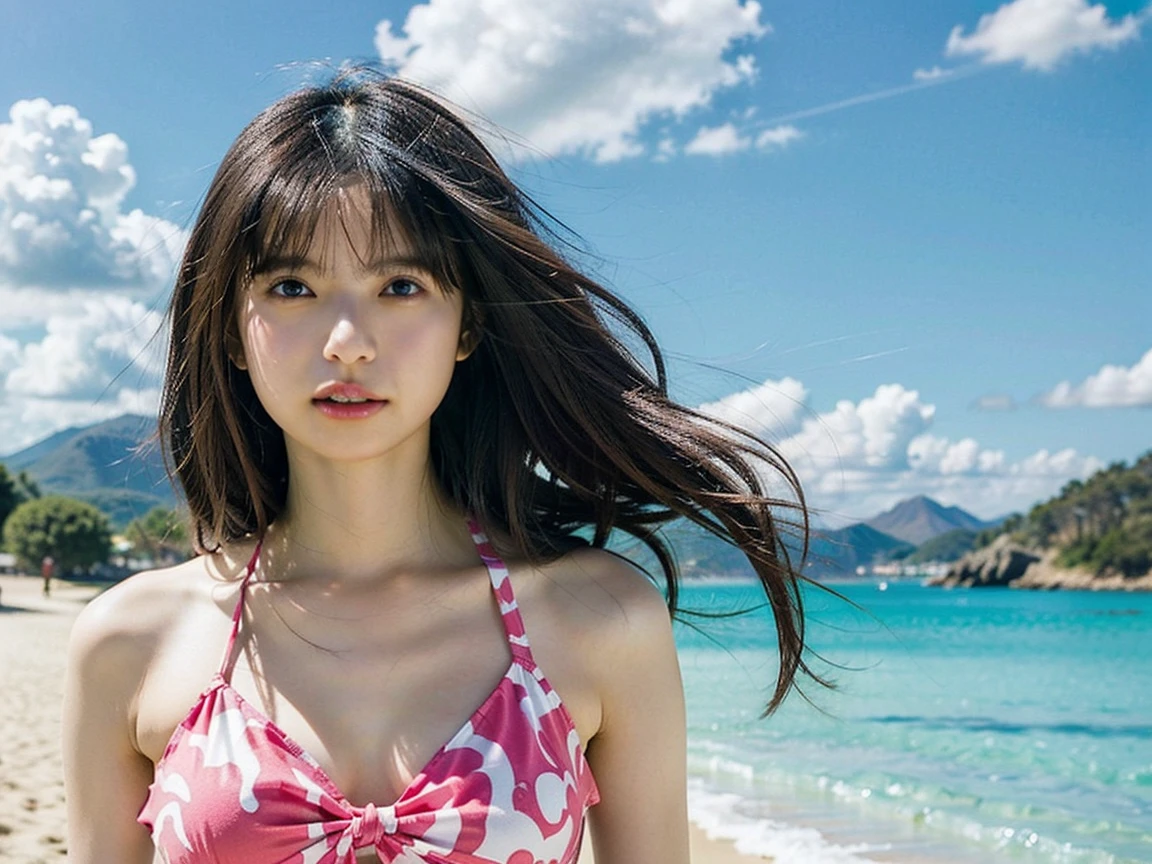 (Cinematic Aesthetic:1.4) Photo of a beautiful korean fashion model bokeh beach bikini