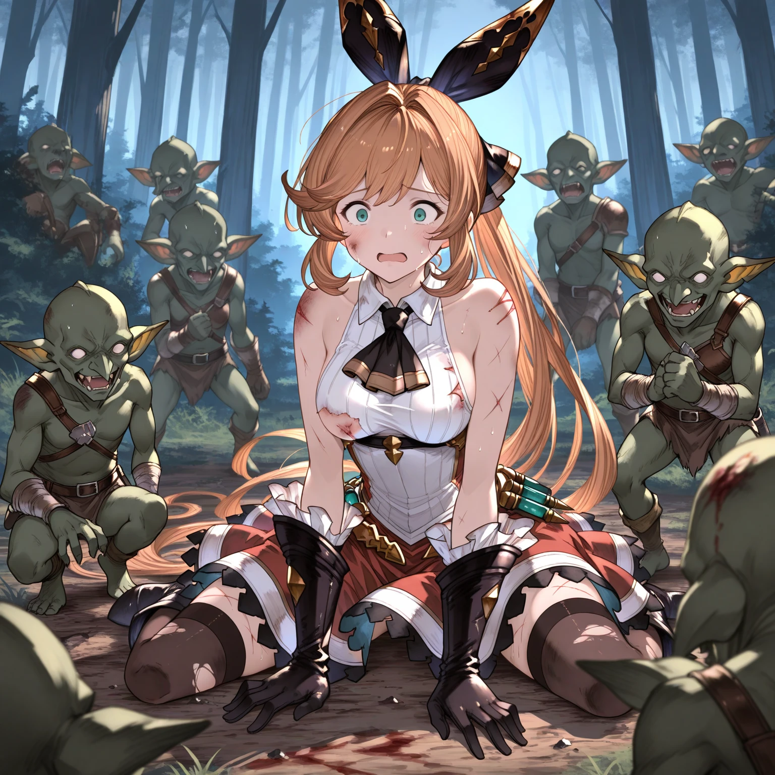 masterpiece, (((goblinriding, a goblin is riding a girl))), goblin, mutiple goblins, goblins, (((all fours))), 1girl, (epaulettes:1.1), (nose hook), reins, collar, chain, rope, obey, proud face happy trance, smile, hair ornaments, expressionless, emotionless, blank eyes, empty eyes, mind control, apocalyptic background, monster, glowing eyes, horror, goblin gangbang, huge breast, Large Breast, brown hair, hair intake, red eyes, long hair, twintails, animal ears, horse girl, daiwa scarlet (umamusume), tiara, epaulettes, fang, garter straps, long sleeves, bowtie, bangs, blue jacket, white thighhighs, white shirt, white skirt, hair bow, scarlet_nuit_etoile