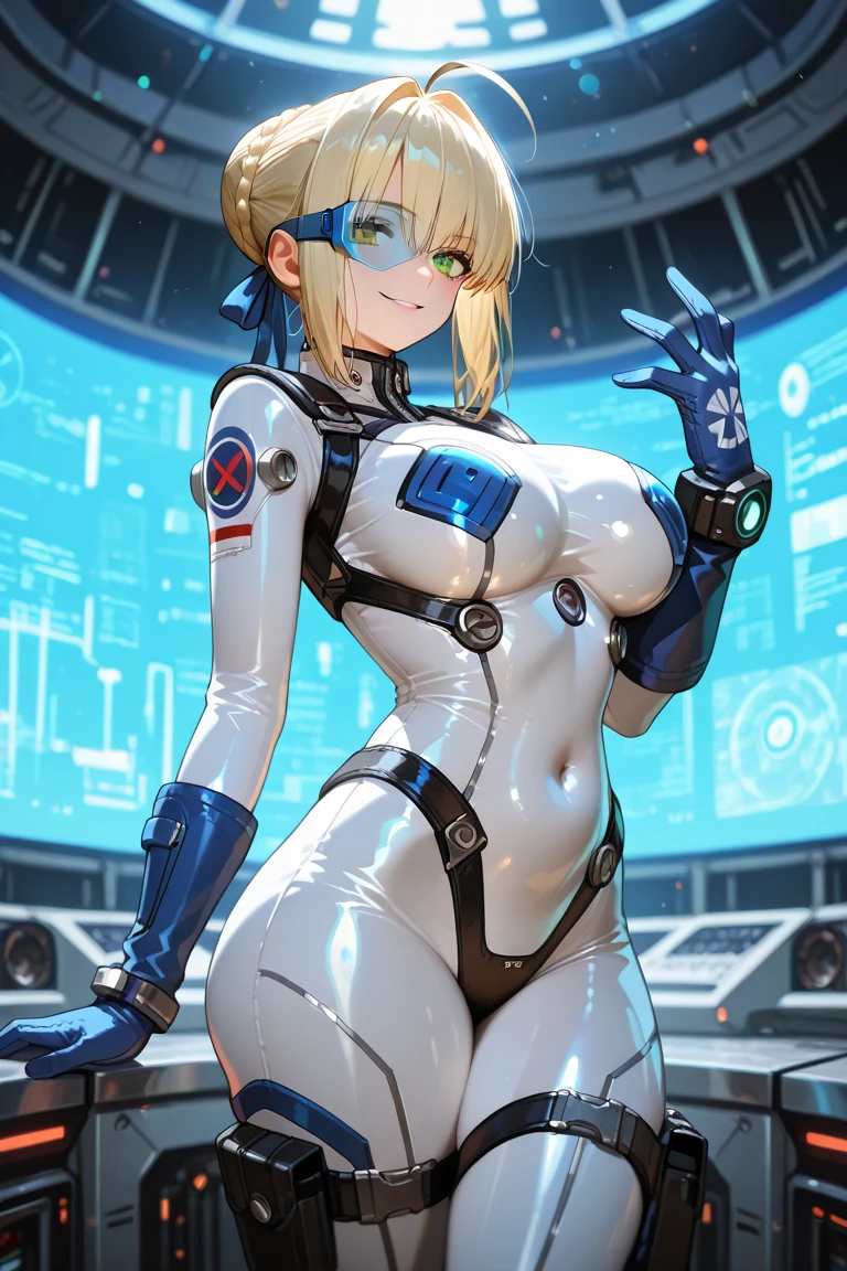 (masutepiece, Highest Quality, Top resolution, Distinct_image, Detailed details): (Solo, Lone Girl, Japan face, Blue-haired girl, Short hair, Full body figure, Small sized breasts, Glowing blue colored eyes, White and blue pilot suit in metallic tones, Black color, Tight-fitting clothing, Clothing that covers the whole body, Beauty, Slim body, exoskeleton, knee boots, heroine, Supine, Thighs open from side to side, Arm-length gloves, headset on head),(((Woman with blonde twin tails))),(((kawaii pose))),(((kawaii pose))),(((red blush))),(((Cute voice))),Glasses,((((elf-ears)))),((((40 years old)))),