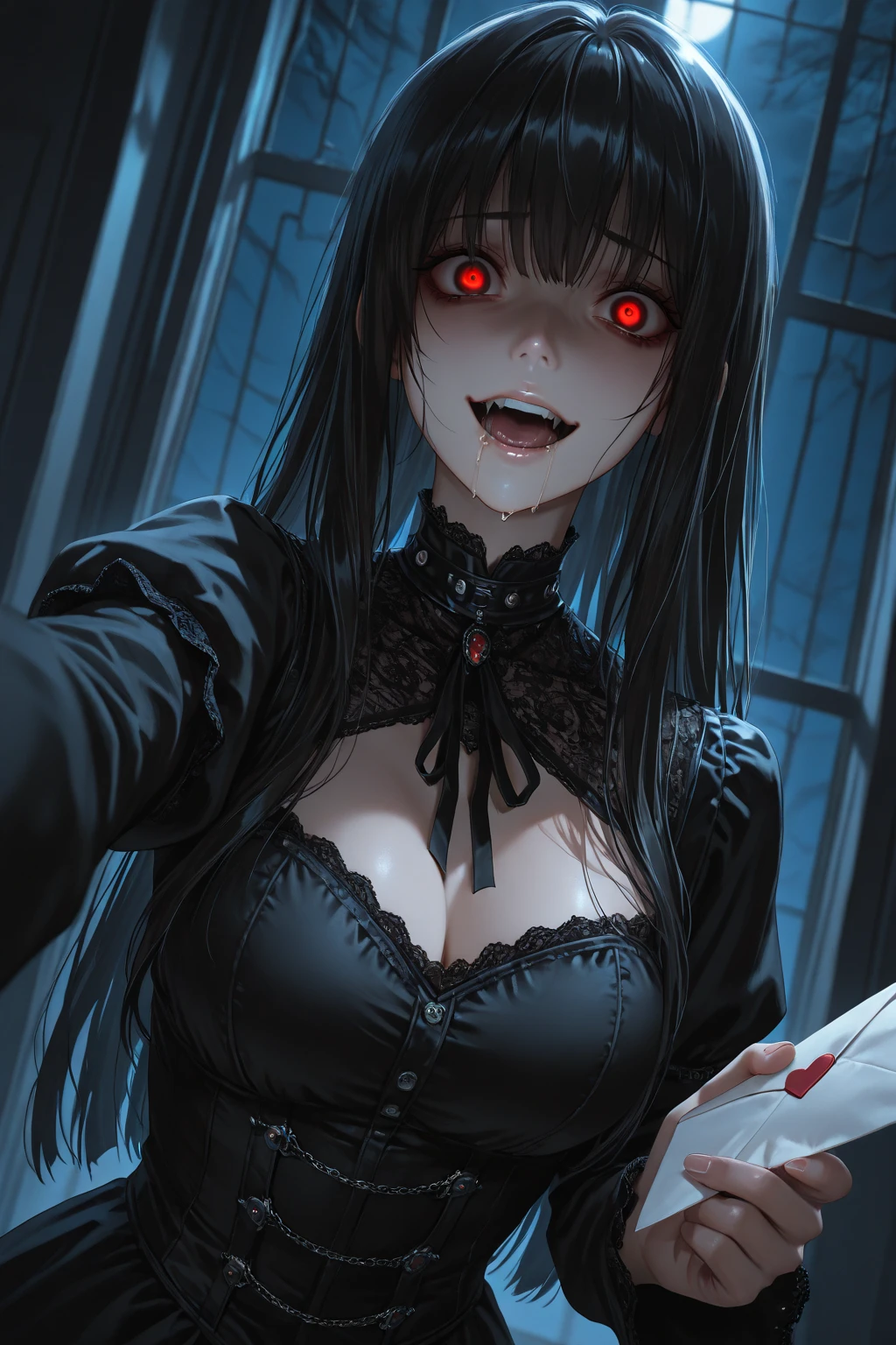 1girl,black sclera, cleavage,upper body, eyelashes, looking at viewer, red eyes, solo,shiny skin,huge breasts,halloween,skull,blood,blood on face,horror \(theme\),pale skin,evil grin