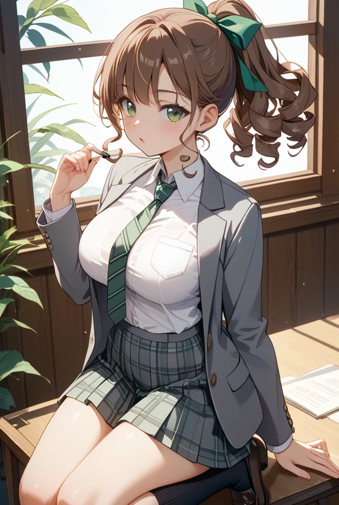 soro brown bob hair woman, green eyes:1.3, glasses, cute smile, sit down on office chair, waving gesture, upper body, in the office, masterpiece, beautiful detailed grow.