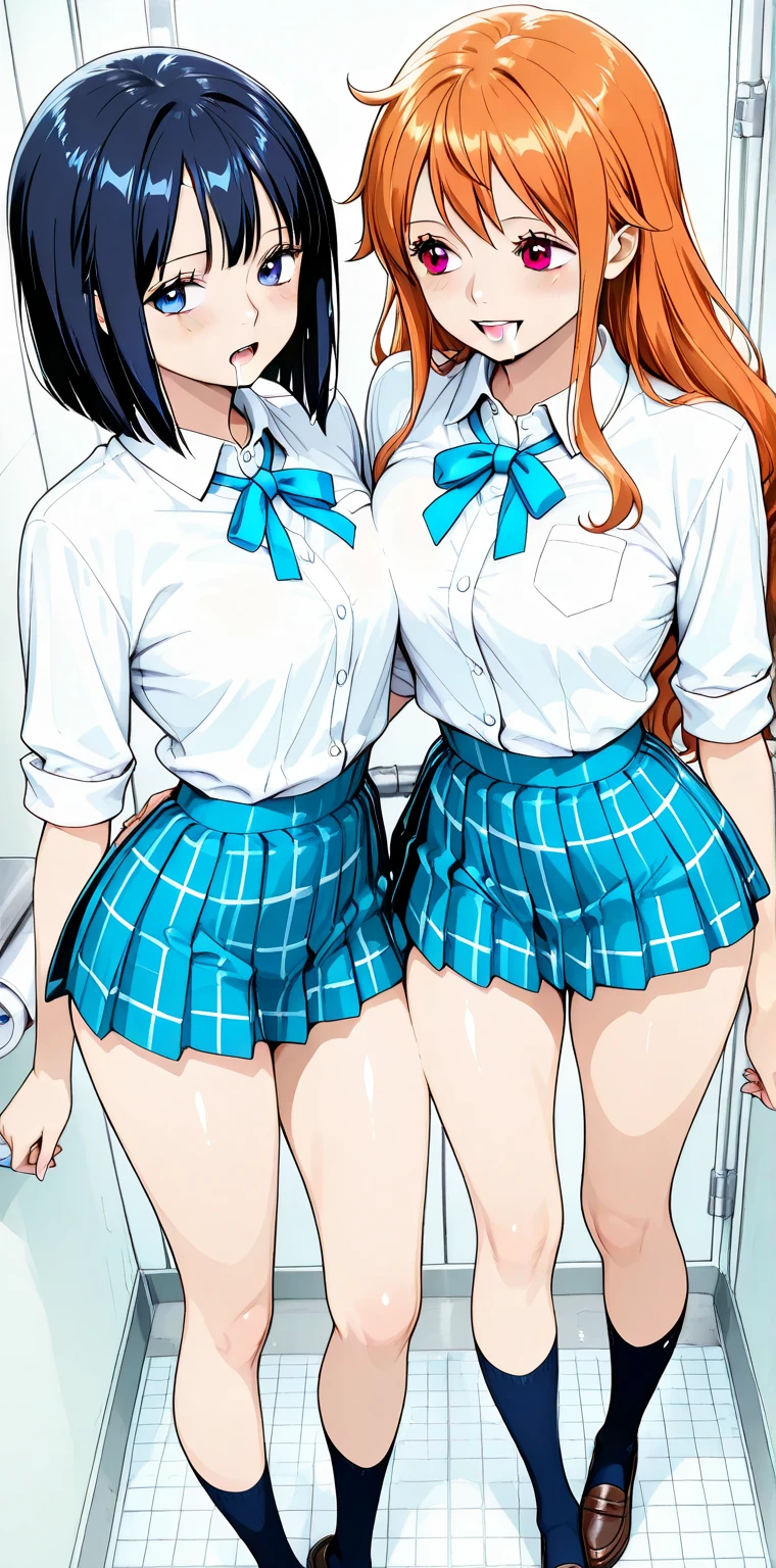 ((2 girls:1.3)), lesbian, (detailed face), (long ginger hair), Blue eyes,(fox ears:1.1), ((schoolgirl uniform)), orgasm, (big breasts:1.0), blush, (fullbody), sexy pose, (cum:1.5), ((one girl grabbing her underboob from behind:1.3)), only two hands, (fucking each other:1.3), open legs