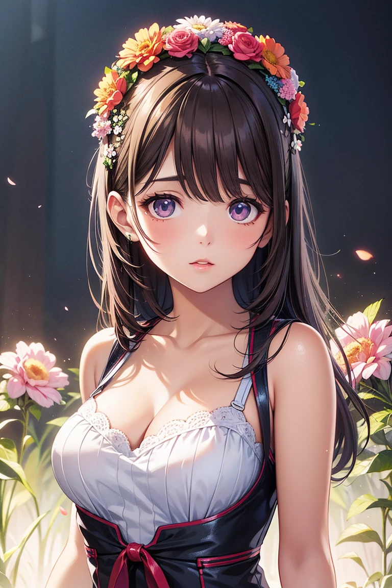 Loli anime girl, Realistic shadows, Delicate skin, The breasts are very small, Black Hair, Very detailed, 8k highly detailed face, Perfect face shape, Full, perfect lips, Perfect nose, Correction of beautiful eyes, Viewers, White shirt, Flowering, masterpiece, best quality, Single Girl, very good, No, Solitary