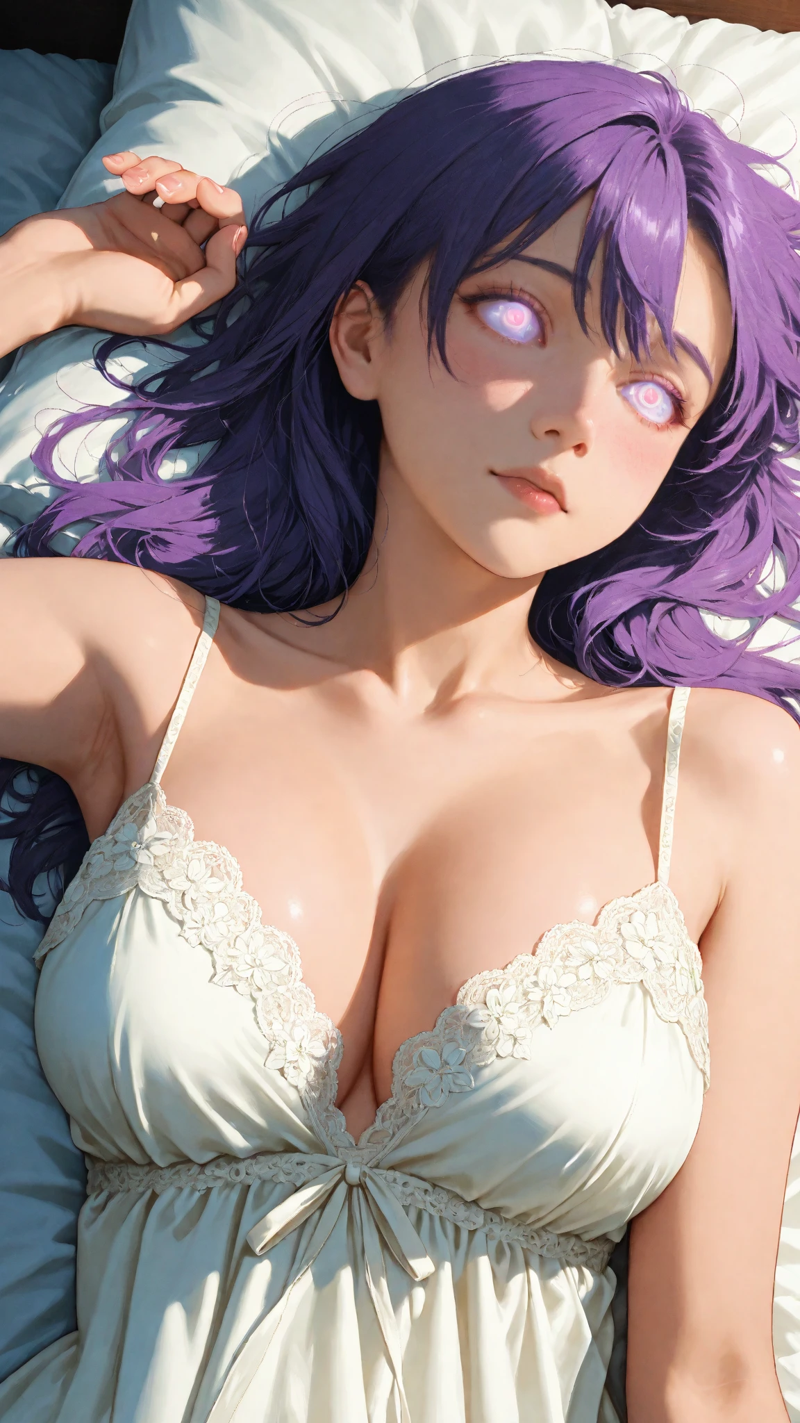 (highest quality:1.2, masterpiece:1.2), (1girl), (perfect anatomy), (ultra realistic portrait of Lan fan, dbz), (purple hair color:1.5, curly perm:1.5, top up short hair:1.3, blue eyes, single charming mole around mouth), ((ultra realistic sexy bra, ultra detailed sexy string panties, garter belt, pantyhose)), (((ultra huge breasts, ultra huge tits, ultra huge boob, ultra huge cleavage))), ultra slim waist, perfect slim body style, ultra realistic skin texture, ultra detailed skin texture, perfect eyes, ultra detailed eyes, (indoor, surgery light, surgery room, in hospital), (nsfw, sweat bodies:1.55), (((lay on your back, spreading legs, on the surgent table, ultra realistic sleeping posture, ultra detailed sleeping scene, overhead view, view her from directly above, full body shot:1.25))),