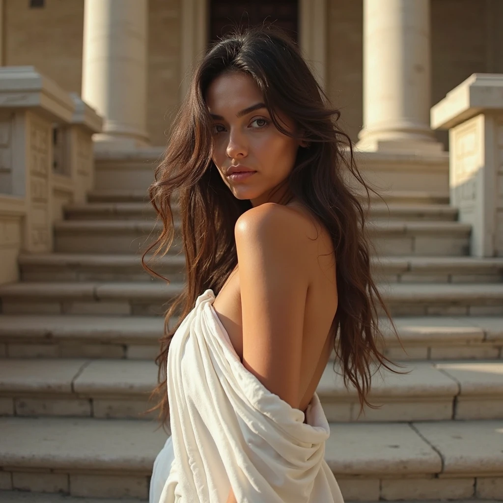 En la imagen, A 26-year-old girl radiates an aura of mystery and melancholy while she finds herself in an abandoned place, rodeada por la decadencia del entorno. A pesar del ambiente desolado, Its presence adds a note of beauty and elegance to the place. With a serene and thoughtful expression, is standing near an antique piano or harp, whose strings seem to vibrate with the melody of the past. His hands rest behind his back, adding a touch of grace and mystery to your posture. Su cabello cae en suaves ondas alrededor de su rostro, mientras que su vestido blanco con detalles azules fluye con gracia, contrasting with the desolation of the surroundings. Aunque el lugar pueda estar abandonado, the young woman seems to find beauty in melancholy, showing a deep connection with music and art. La calidad ultra realista de la imagen, captured in high definition, resalta cada detalle del entorno y de la joven, desde las grietas en las paredes hasta los pliegues de su vestido. En conjunto, the image evokes a feeling of nostalgia and timeless beauty, inviting the viewer to reflect on the transformative power of art even in the most desolate places.
