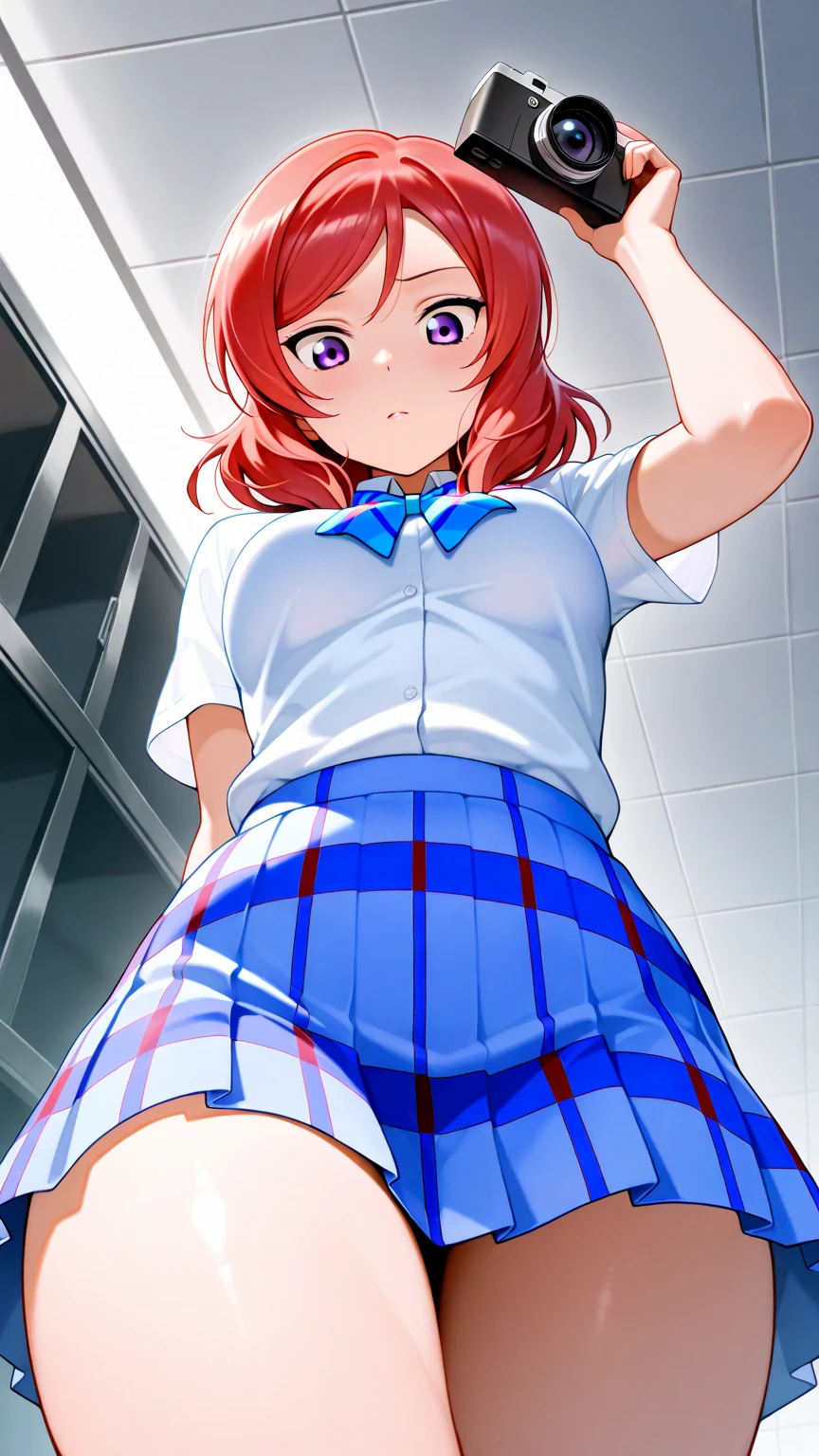 One girl, Maki Nishikino, poses in her bedroom, changing out of her partially undressed Otonokizaka uniform. BREAK (masterpiece, top quality, high resolution, super detailed, (super detailed skin: 1.3), (super detailed hair: 1.3), (perfect anatomy: 1.5), (perfect anatomy: 1.5), (beautiful eyes, 5 fingers: 1.3), (highly detailed face and skin texture: 1.3), (crisp details), {background blur: 1.3}, (perfect lighting), high resolution CG, Unity 8k wallpaper, official art, (full body composition: 1.22), (character focus: 1.22), (blush: 1.22), (upward glance: 1.22), 3D rendering, conceptual art, sharp sketch, id_maki_nishikino