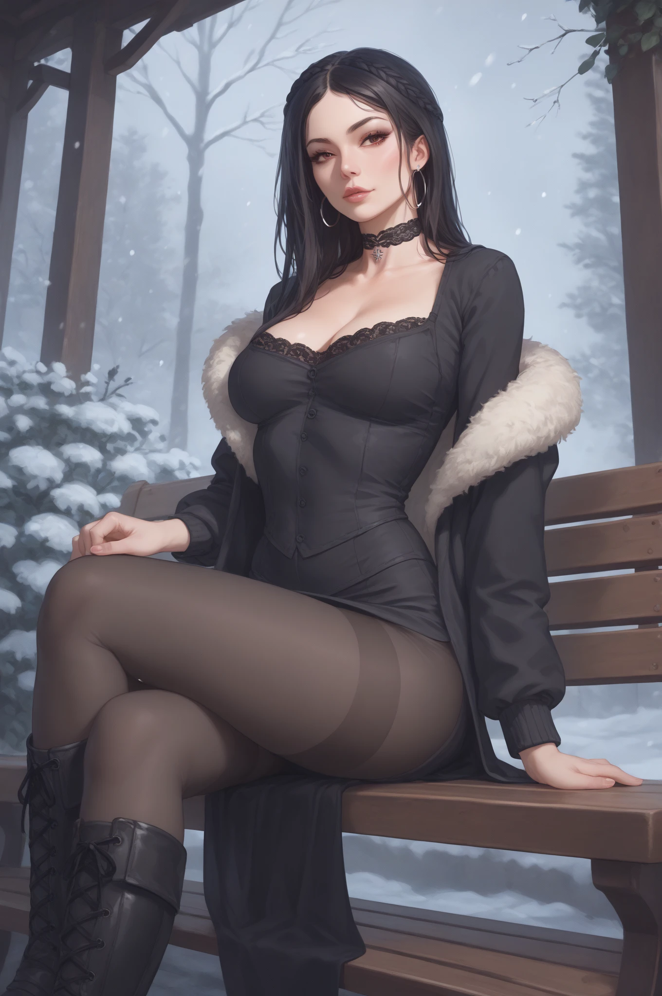 ((masterpiece, best quality, ultra-detailed, ultra-HD, photorealistic, cinematic)), ((alluring female model)), perfect body, voluptuous body, perfect ???????, perfect face, perfect hands, large cleavage, round ass, round legs, (raven-black hair styled in loose curls), (donning a cozy winter suit with a faux fur collar, earmuffs, and a stylish leather handbag), (winter background), (medium shot:1.5), (half-naked:1.2)
