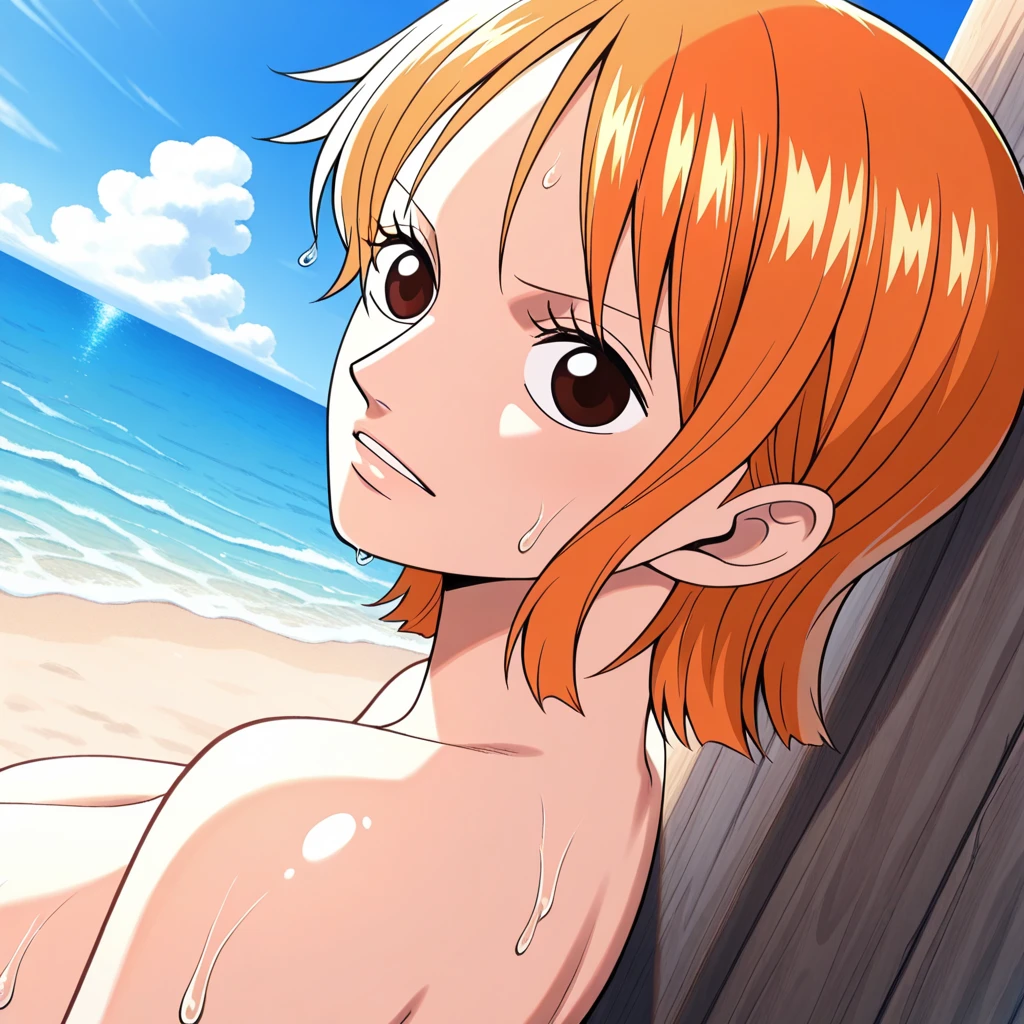 une Nami seule dans un maillot de bain une pièce avec de longs cheveux tressés, allongée sur la plage dans une pose sensuelle sous un clair de lune avec des seins grand et un cul géant