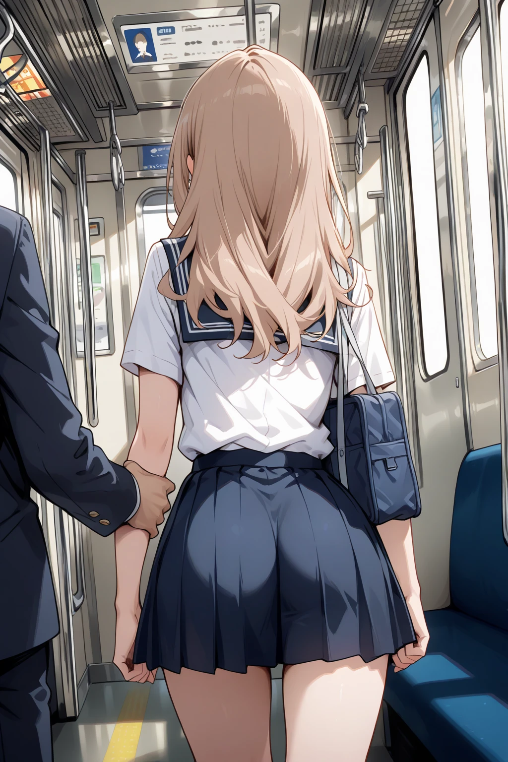 masterpiece, top quality, high resolution, , red hair
grasp, ,
high school girl grabbed by the buttocks on the train,
(school uniform, pleated skirt),
beautiful 1 girl, blond hair, side ponytail, beautiful face, beautiful detailed eyes, beautiful butt , beautiful back, beautiful thigh,
(3 man, (molesting), (man grabbing girl butt on the train:1.5, man grabbing girl chest on the train:1.2)),