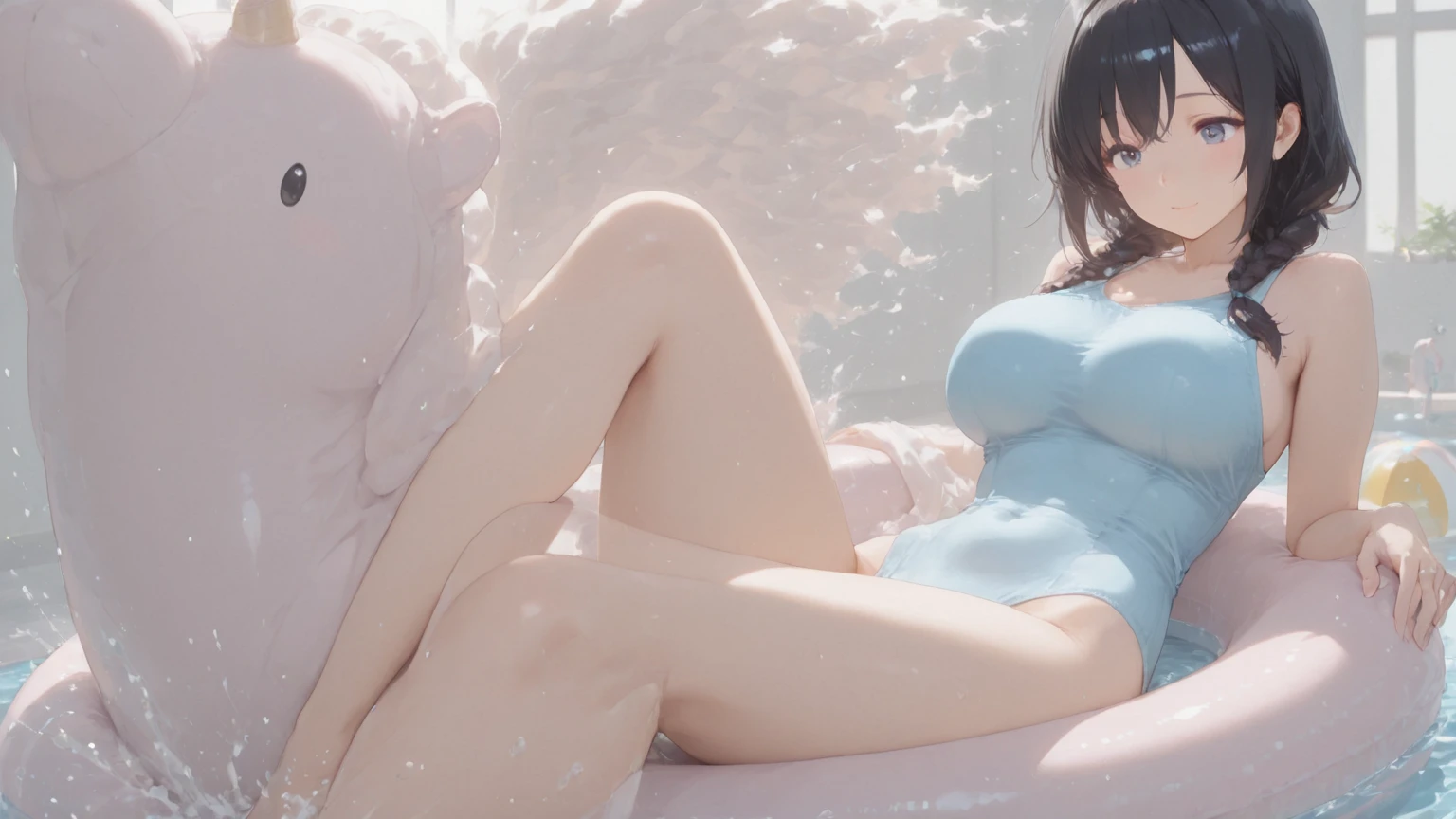 [Uploaded to e621.net; (Foxovh), (Pixelsketcher), (mayosplash], ((masterpiece)), ((solo portrait)), ((furry; antrho wolf girl)), ((detailed fur)), ((raytracing)), ((detailed shading)), ((beautiful render art)), {anthro wolf; (grey fur, white belly), clear green eyes, long white messy hair, seductive gaze; (bedroom eyes, smug smirk), large boobs, red sports bra, black yoga shorts}, (sitting on bed; (legs spread), seductive position), [background; bedroom, window; (outside rainy, cloudy)]