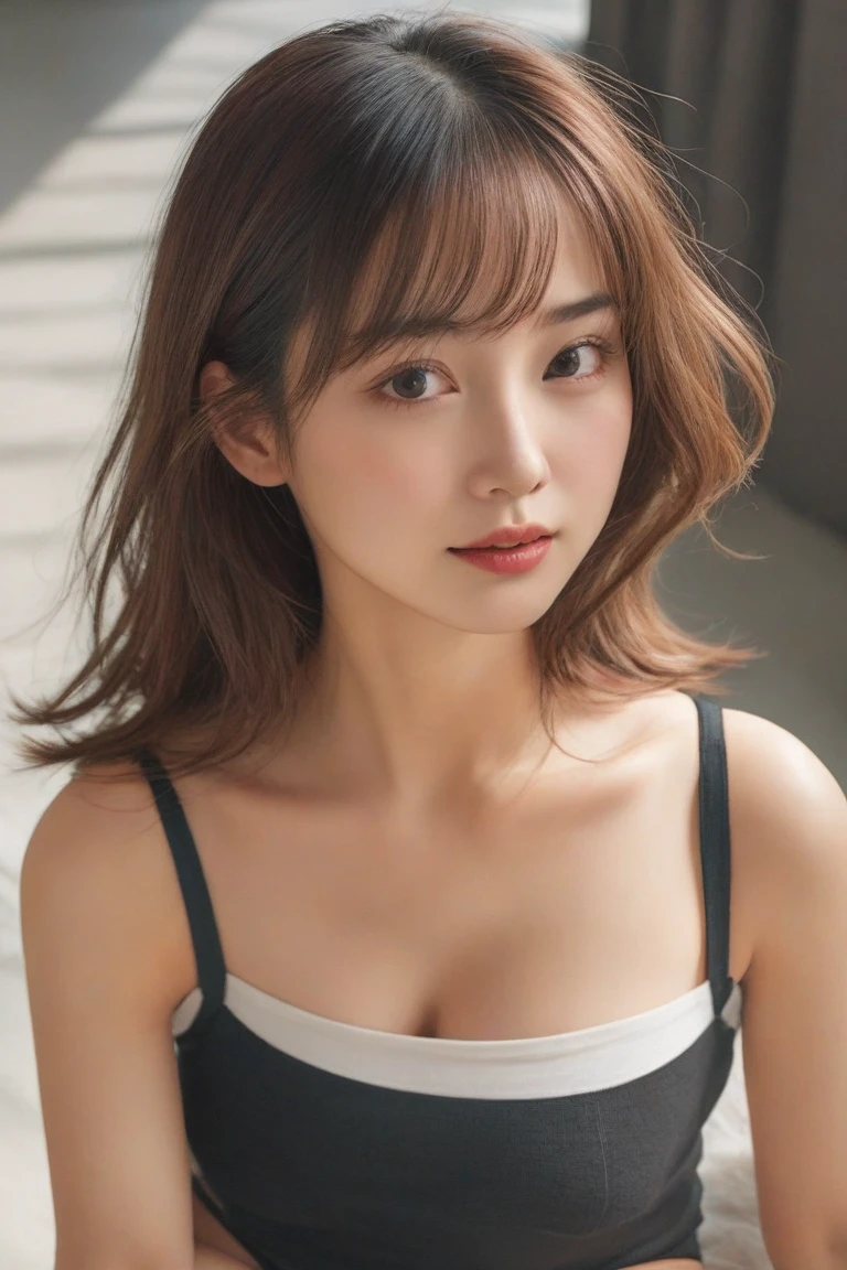 (8k, RAW Photos, highest quality, masterpiece, Realistic, Realistic), (1 female), (The ultimate beautiful middle-aged woman), Highly detailed face, (Perfect Teeth), Beautiful Eyes, double eyelid, eyelash, smile, Lip details, (Neat brunette bob), The light shines on your face, Big Breasts, ((Colorful mini dresses)), (front view), (background: none),  Background blur