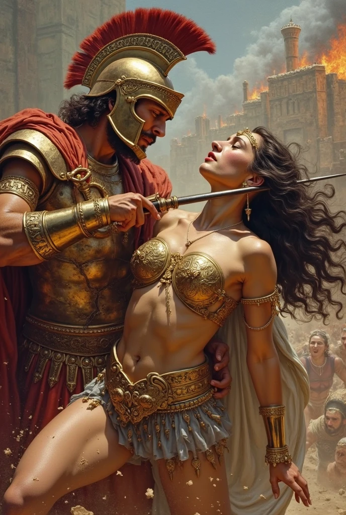 Roman gladiator man holding chains attached to beautiful slave wife