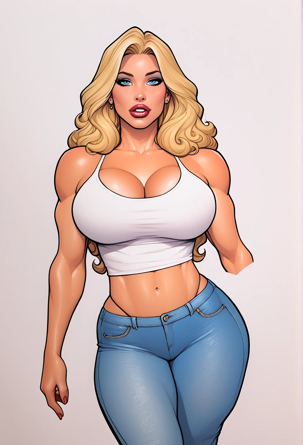 ((masterpiece)),(((best quality, detailed clear eyes, sultry heavy lidded eyes, huge eyelashes))),((character design sheet)), ((full body view)), medium length blonde straight  hair, milf with absurdly huge tits wearing (((mom jeans and low cut shirt exposing bursting cleavage))), jeans and polo shirt:1.3, skinny flat waist and juicy ass,  tanned shiny skin, poses, scribbles and marks,(puffy lips:1.4), rough sketches, pose, 8k,16k, ( background, white background: 1.3), tanned skin, sky blue eyes, big puffy exaggerated lips, huge lips together in small smirk, wide cheekbones.