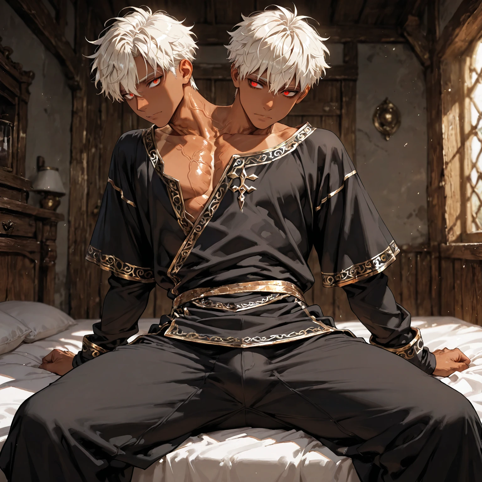 White hair,Bronzed skin,strong,Libido boy,nobles,anime