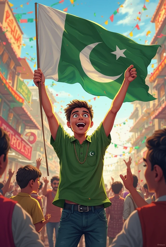 A child calebrateing independence day of Pakistan with country flag