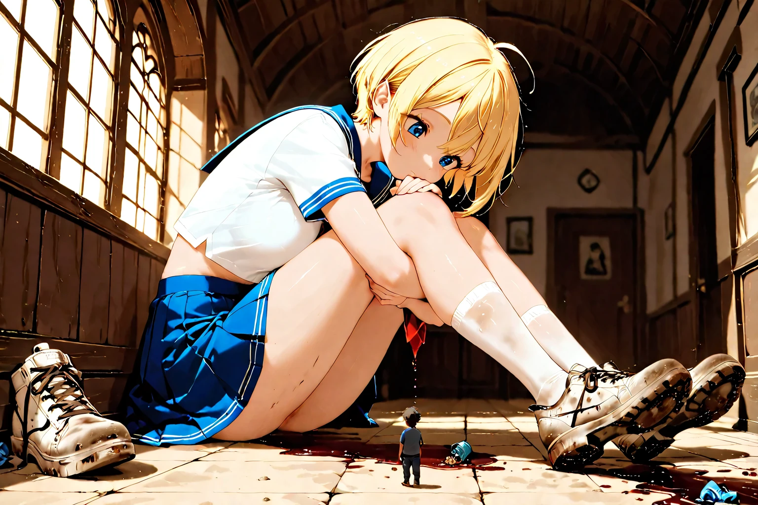 masterpiece:1.2, best quality, absurdres, Cloud Strife, crossdressing, twin braids, male focus, frilled dress, hair bow, HidingFromTerminator, sitting, under table, crying, skeleton <lora:GirlHidingFromTerminator:0.8> <lora:cloudstrife-nvwls-v1:0.8>