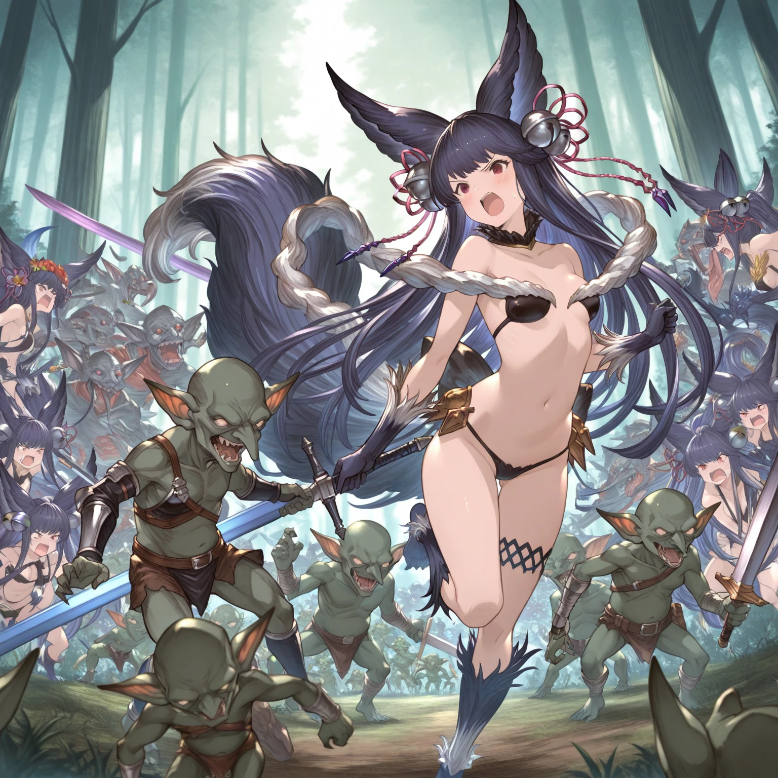 Pink bikini armor and helmet、blue eyes、Purple long hair、Macho woman、Fight against goblins with a sword in the forest