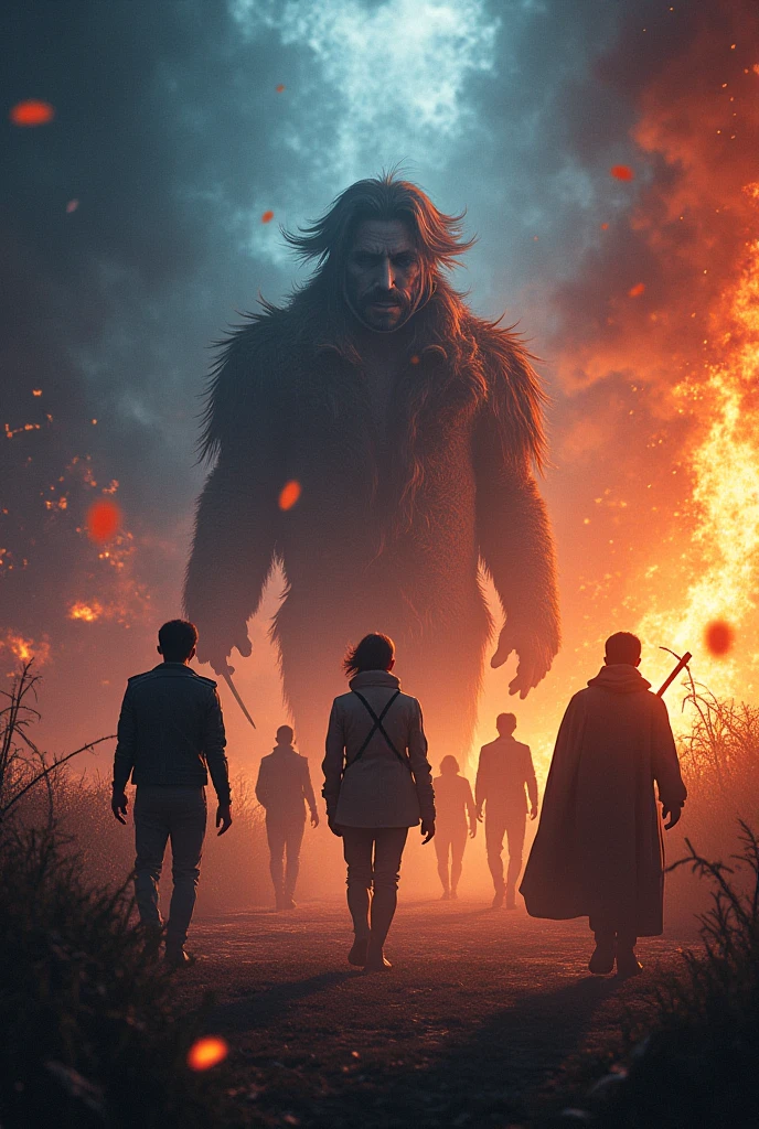 2 groups of 5 people are hostile towards each other, big monster among them
