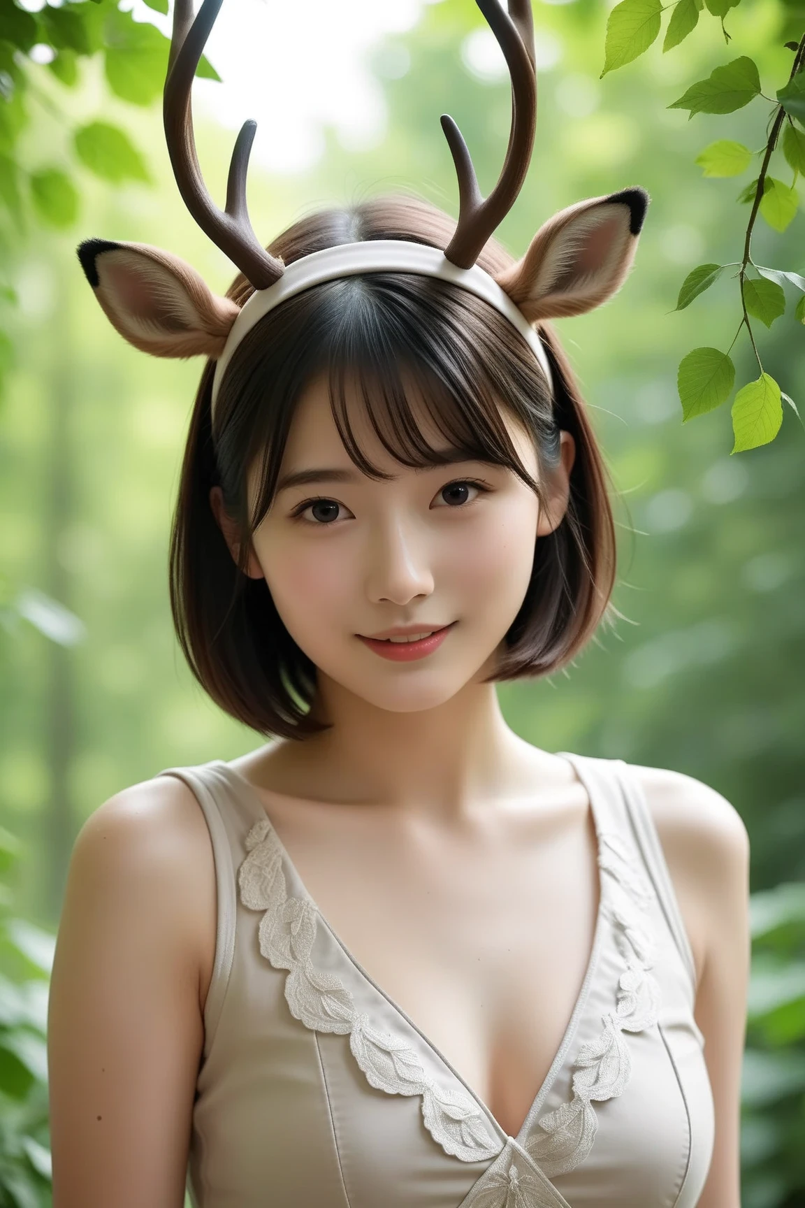 (masterpiece, Highest quality, 8K, High resolution),(Realistic skin texture, Perfect Face, Realistic, Perfect hands, Perfect finger count, Japanese, Girl), (18-year-old), Big Eyes, Brown eyes, Light brown hair, bangs, short hair, Small face, Smile, (naked, Big saggy boobs, Pussy)), grassland, Standing pose, Raise your arms, deer, Hair blowing in the wind