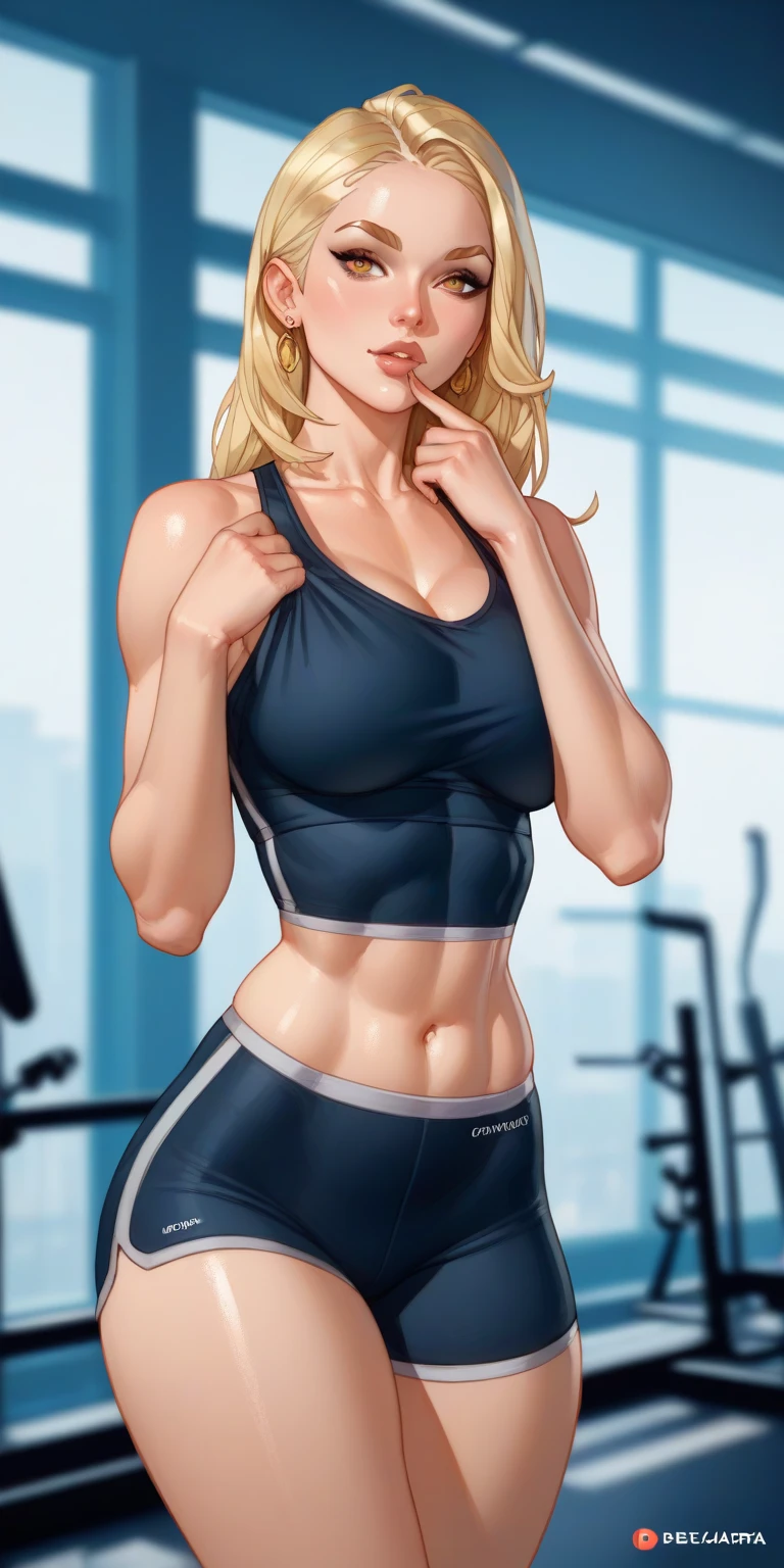 wear sports clothes, huge tits, standing in the gym, Looking to the camera, perspiration, Horse tail, (Best Quality:1.2), super detail, Photo of beautiful Caucasian woman, by rubio, Thin waist, deep neckline, perfect lighting, realist