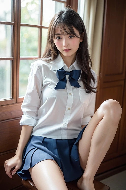 8K, Top Quality, Real Image, Ultra Detail, Ultra High Definition, Depth Field,(Photoreal,Real:1.2),Masterpiece, 0.25 :: , japanese_girl, ai_chan, Very Beautiful 17 Year Old Girl, Innocent Big Eyes, (Brown_SHORT_hair), (deep_GREEN_eyes:1.0),(Bangs), Wavy Hair, disheveled hair,(hair clip), perfect shiny skin, perfect skin, fair skin, (huge breasts:1.3), narrow waist, pale blush, solo, light smile,white panties, sensual pose
chubby under clothes, slightly thicker thighs,
wear ((just a little see-through:0.9) school_uniform), (BLUE_Long_Tie), (BLUE_pleated_skirt), (white knee-high socks): 1.2), (black lace bras: 0.9),
(Gravure Pose: 1.1),
Japan High School ,Full Body,(WET:0.9)