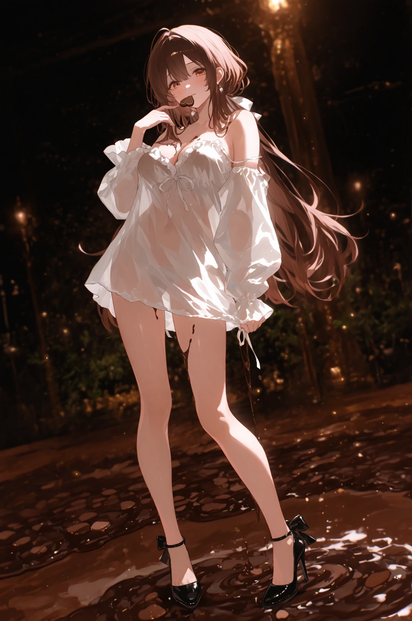 best quality, high resolution, unity 8k wallpaper, (illustration:0.8), (beautiful detailed eyes:1.6), extremely detailed face, perfect lighting, extremely detailed CG, (perfect hands, perfect anatomy), kasumigaokautaha, ((full body:1.4)) ((slim body)), ((perfect body)), ((slim legs)), utaha kasumigaoka, black hair, hairband, long hair, (red eyes:1.5), masterpiece, best quality, highres, kasumigaoka utaha, 1girl, solo, ((standing:1.4)), medium breasts, blushing, black hair, hairband, red eyes, ((white hairband:1.4)), bangs, medium breasts, blushing, ((smug face:1.4)), cowboy shot, ((looking at viever)), ((white long dress:1.4)), ((show panties:1.4)), ((lift dress:1.4)), ((black stockings:1.4)), ((black heels:1.4)), ((forest background:1.4)), ((night day:1.4)), ((sky from below:1.4))