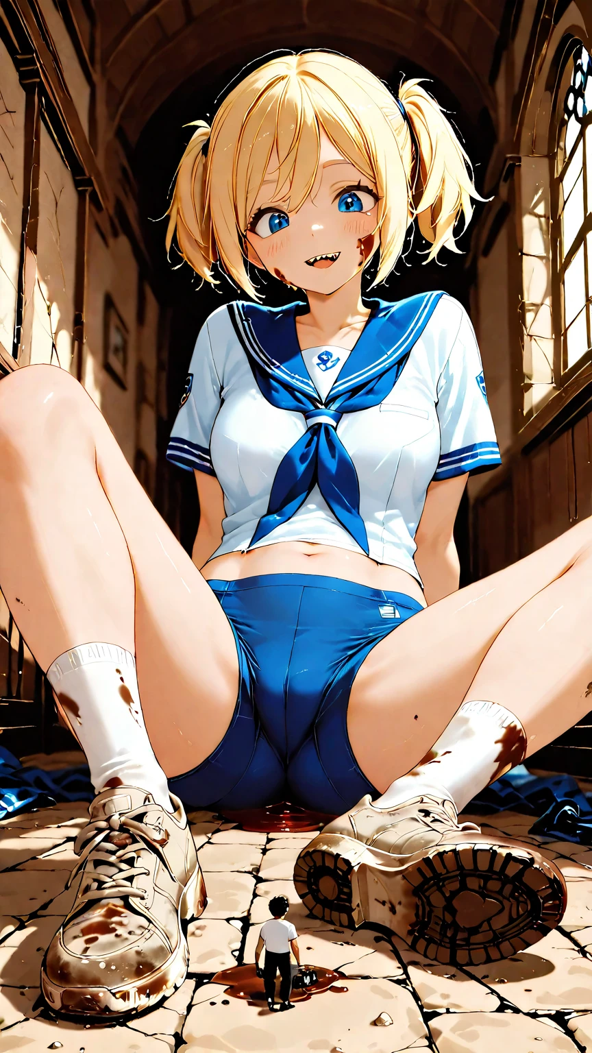 (8K, Raw photo, highest quality, masterpiece:1.2), High-definition RAW color photo, professional photography, cinematic light, alone, (((young woman, gal))), (Sharp features), (small face), (high detail skin:1.2), clavicle, cute face, beautiful appearance, long eyelashes, (blonde, blue eyes, twin drill), beautiful breasts, (slim body shape:1.4), Highly detailed face and skin texture, , sailor suit, mini skirt, loose socks:1.茶色のローファー3feet:1.5, (dynamic pose:1.0), embarrassing, sit on the stairs, School building stairs, artistic pictures, attractive thighs, open thighs, (very fine touch:1.2), (shy smile), (beautiful breasts), (concentrate), (sweating:1.2), (open your mouth), Highly detailed face and skin texture, look sideways, from before,(((spread_feet, pussy, Split_ feet, from before, I can see your underwear)))