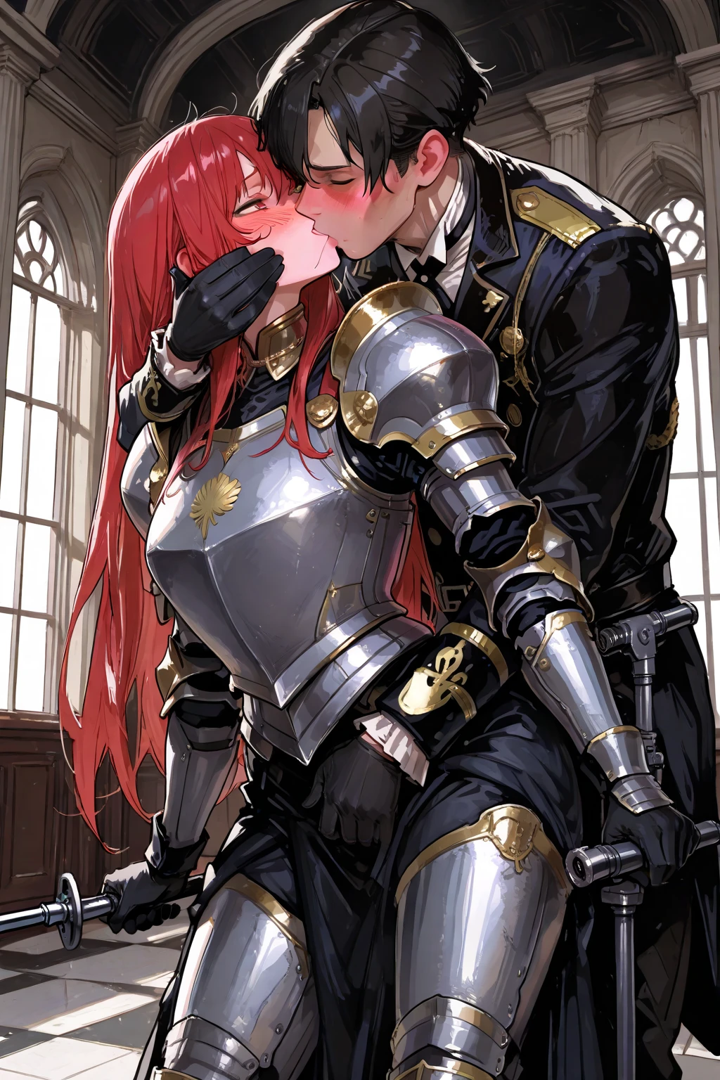 (Masterpiece, highly detailed, highly quality,  highly resolutions), fantasy theme, fantasy bedroom detailed background, fantasy bedroom detailed scenario, man and woman kissing, hug, kiss, (pov on side), {{1man, 20 years old man, mage, shirtless boy, navel, muscle, Sleeves, suit pants, cape, shoulder pads, shocking eyes, Blonde hairs, mature man}}, {{1woman, 20-year-old woman, crop top, navel, armor, breastplate, animal ears, red hair, shorts, Armor Shoulder pads, the girl has no human ears, close eyes, hair cover ears sexy, mature women}}, The boy is making out on a girl, girl seducing the boy, Tounge kissing, the girl leans the boy against the wall