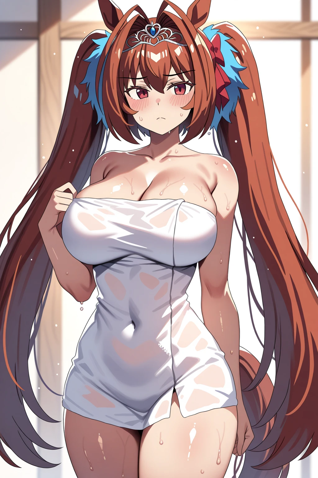 Daiwa Scarlet\(umamusume\), Highly detailed face, masterpiece, Highest quality, A light smile, blush, wave hands, ((Highly detailed face)), Slender girl, whole body, (((In underwear))),Horse tail, A light smile, Beautiful and clear eyes, (Big Breasts),(good),(panties),lingerie