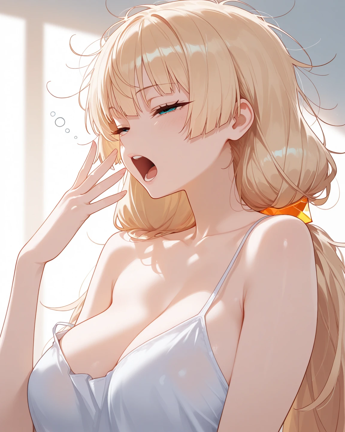 hair in takes, blonde hair, light blush, female, open mouth, bathing, on stomach, highres, overexposure, tongue, naughty face, wearing chemise, wearing collar, Bare arms 2D
